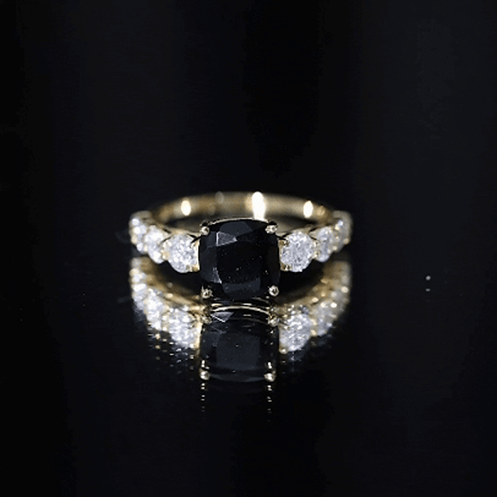 Certified 2.8 Carat Lab Grown Black Diamond Cushion Cut Engagement Ring with Moissanite