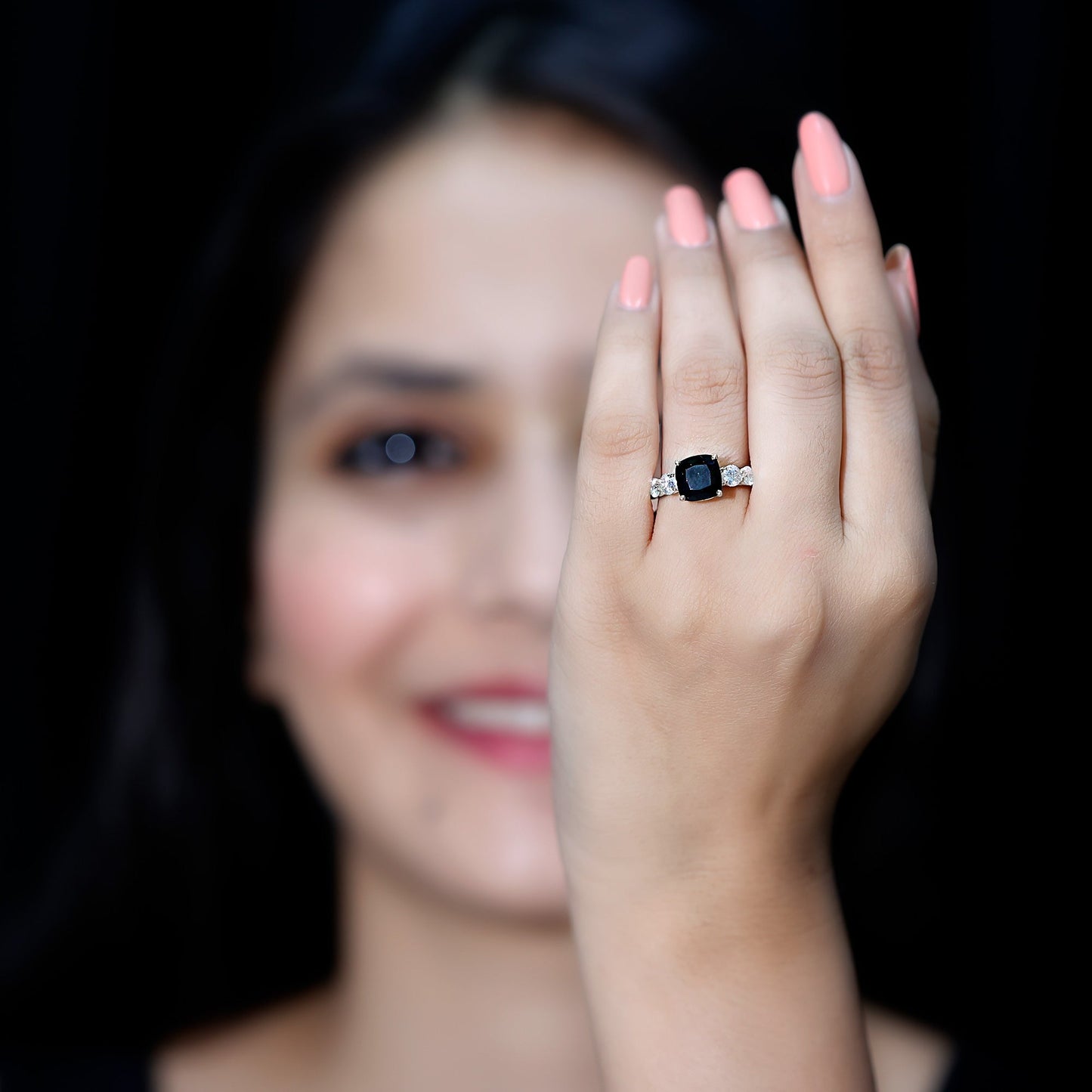 Certified 2.8 Carat Lab Grown Black Diamond Cushion Cut Engagement Ring with Moissanite