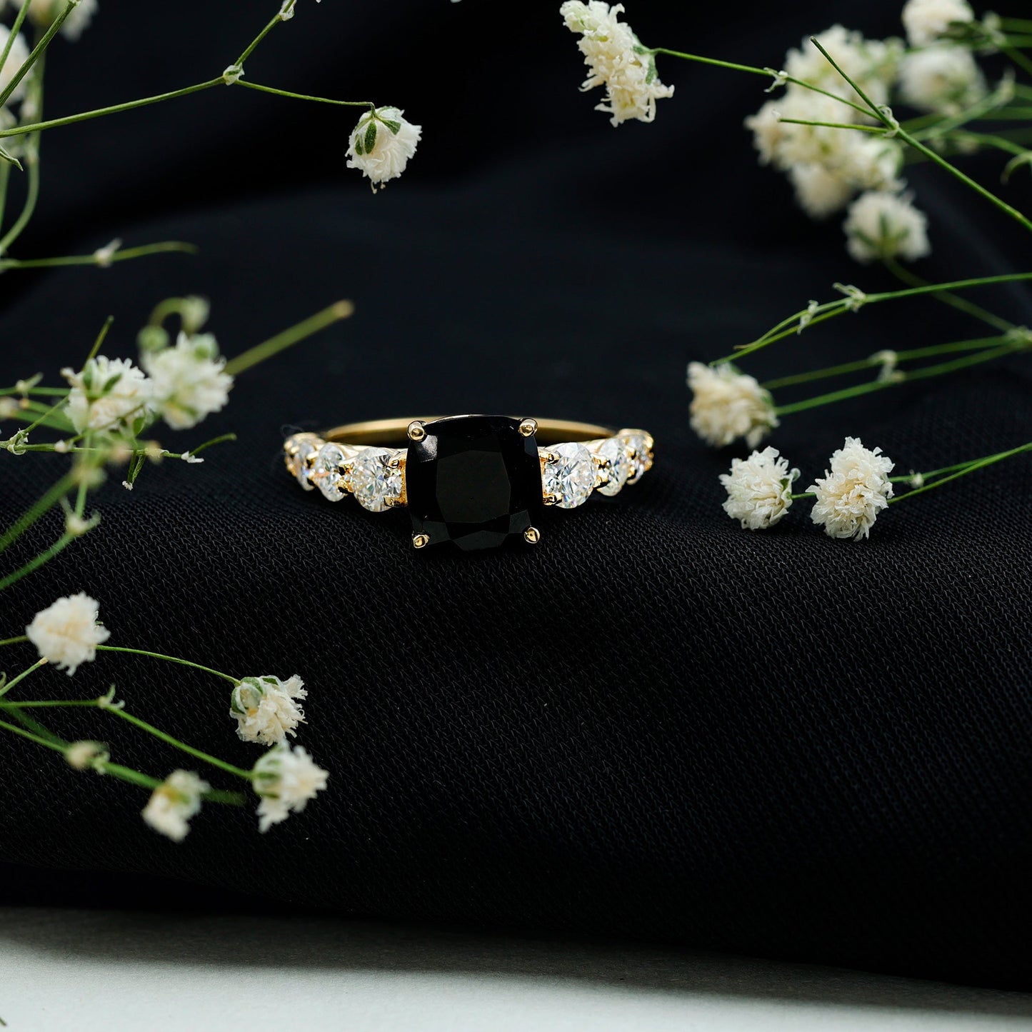 Certified 2.8 Carat Lab Grown Black Diamond Cushion Cut Engagement Ring with Moissanite