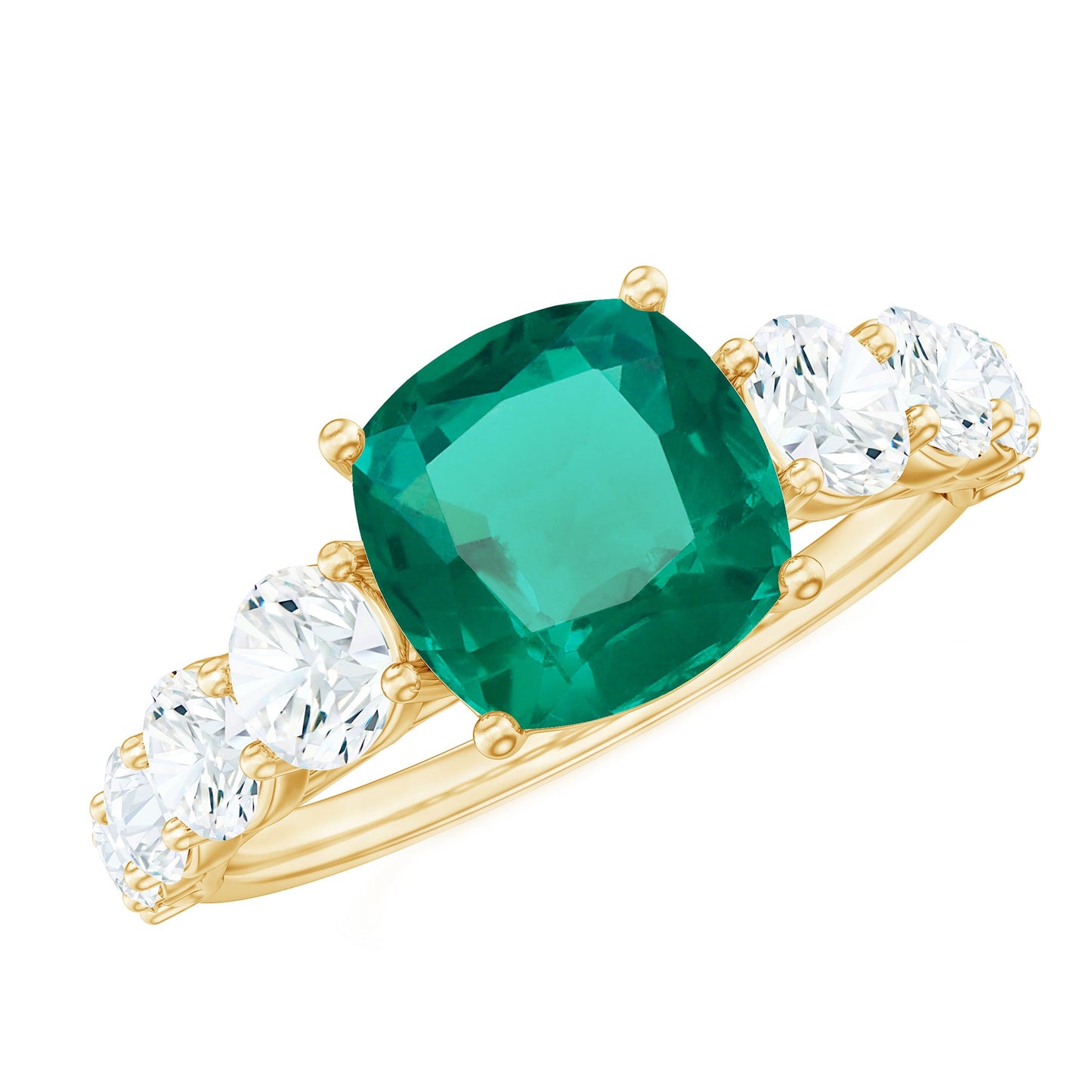 Lab Grown Emerald 2 Carat Cushion Engagement Ring with Moissanite Side Stones