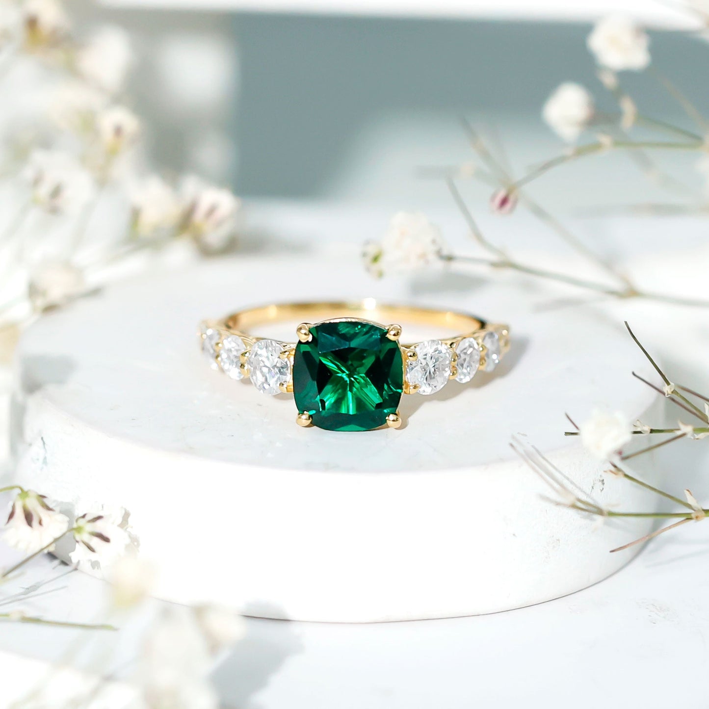 Lab Grown Emerald 2 Carat Cushion Engagement Ring with Moissanite Side Stones