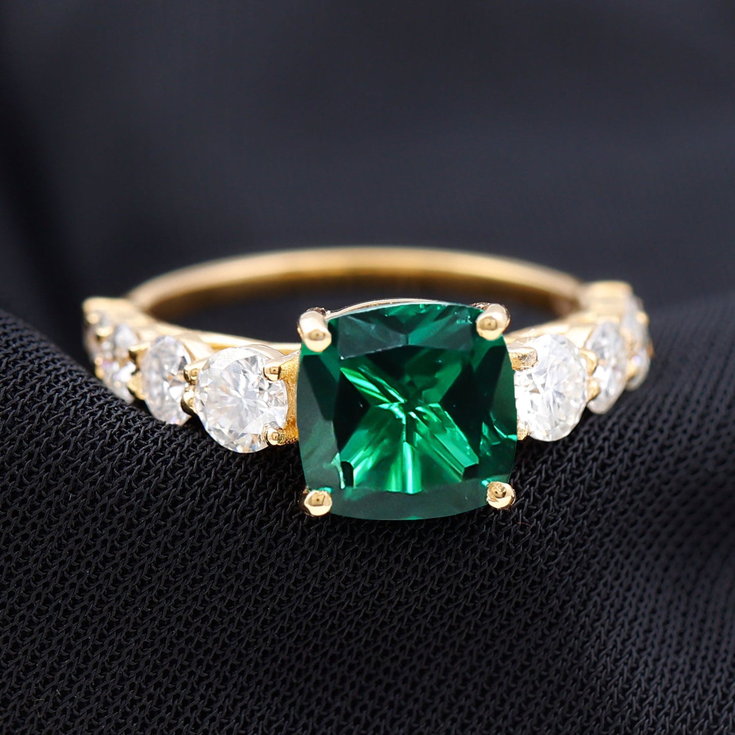 Lab Grown Emerald 2 Carat Cushion Engagement Ring with Moissanite Side Stones