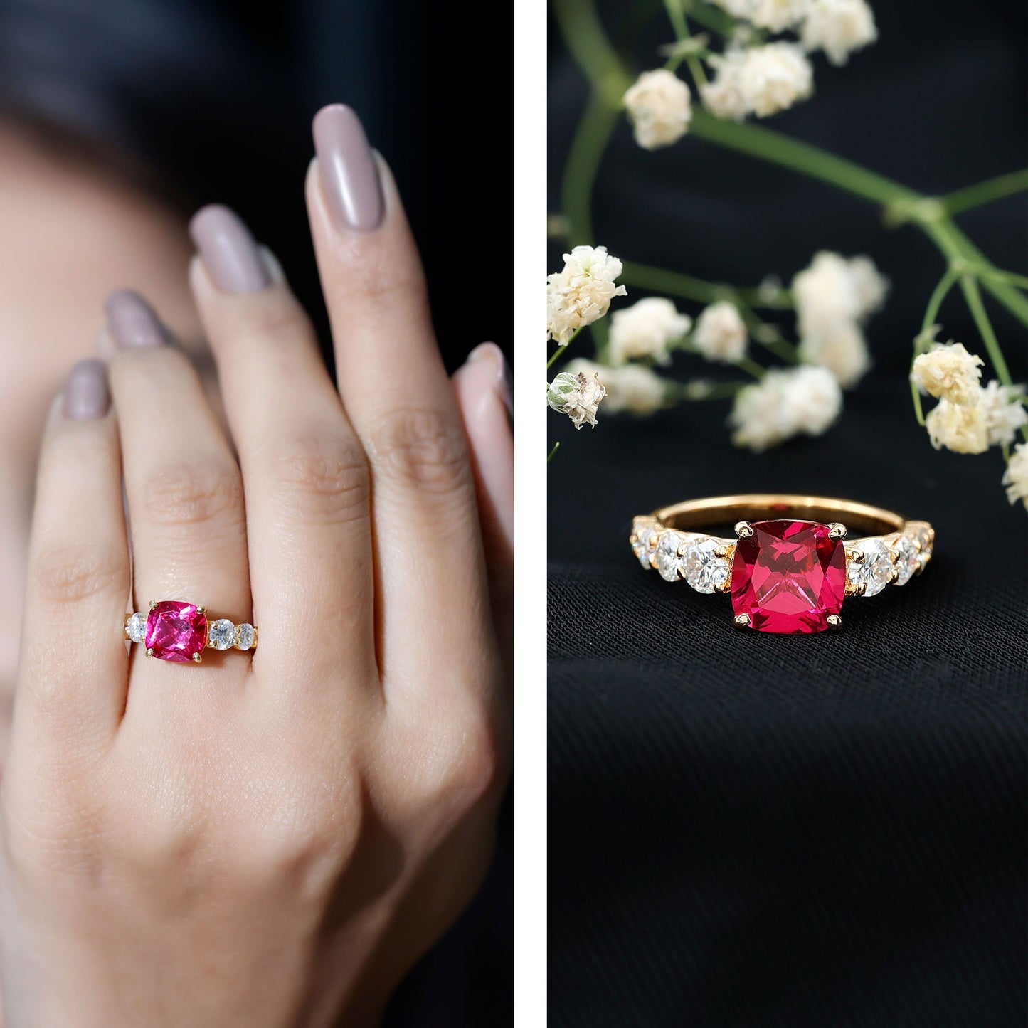 2 Carat Cushion Cut Lab Created Ruby Engagement Ring with Side Stones
