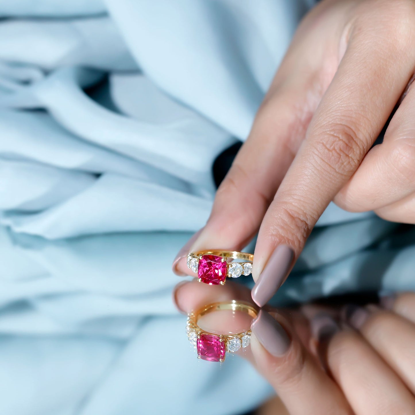 2 Carat Cushion Cut Lab Created Ruby Engagement Ring with Side Stones