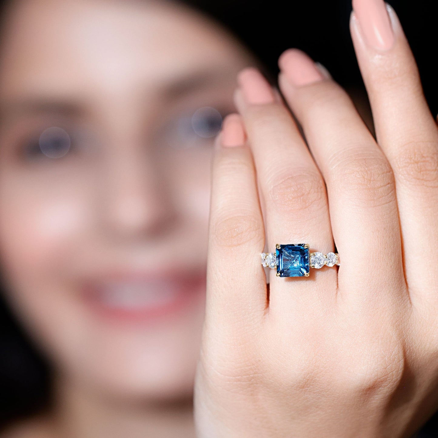 3 Carat Asscher Cut London Blue Topaz Solitaire Engagement Ring with Moissanite