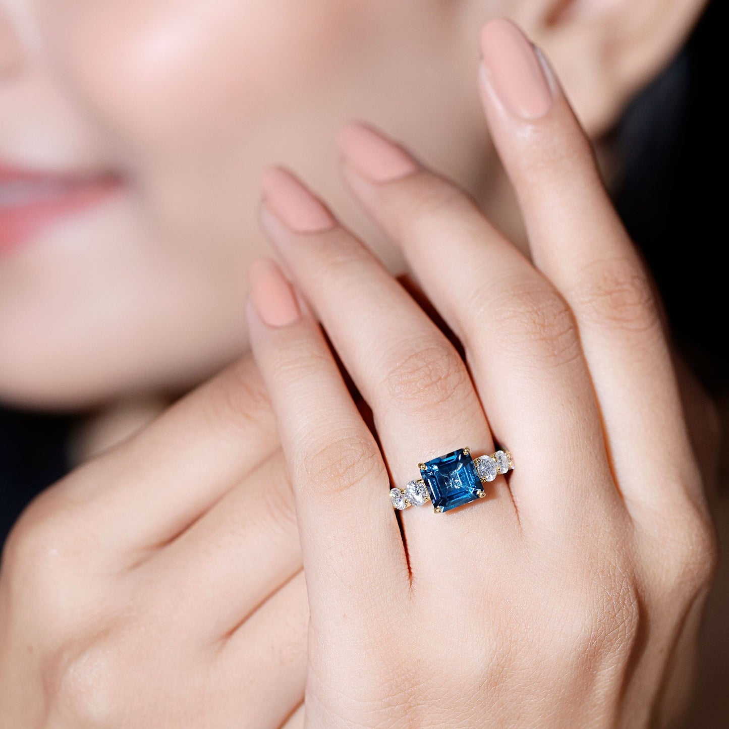 3 Carat Asscher Cut London Blue Topaz Solitaire Engagement Ring with Moissanite