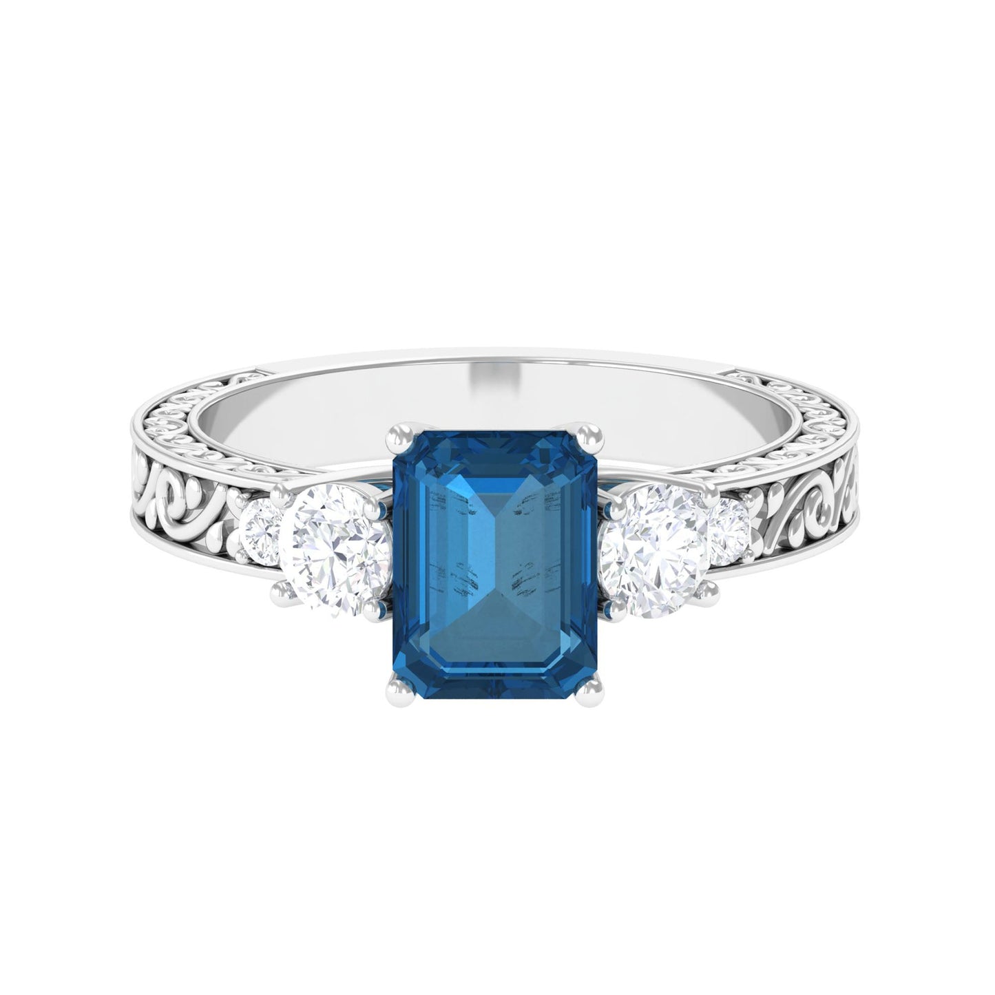 2.25 Carat Emerald Cut London Blue Topaz Statement Ring with Engraved Shank