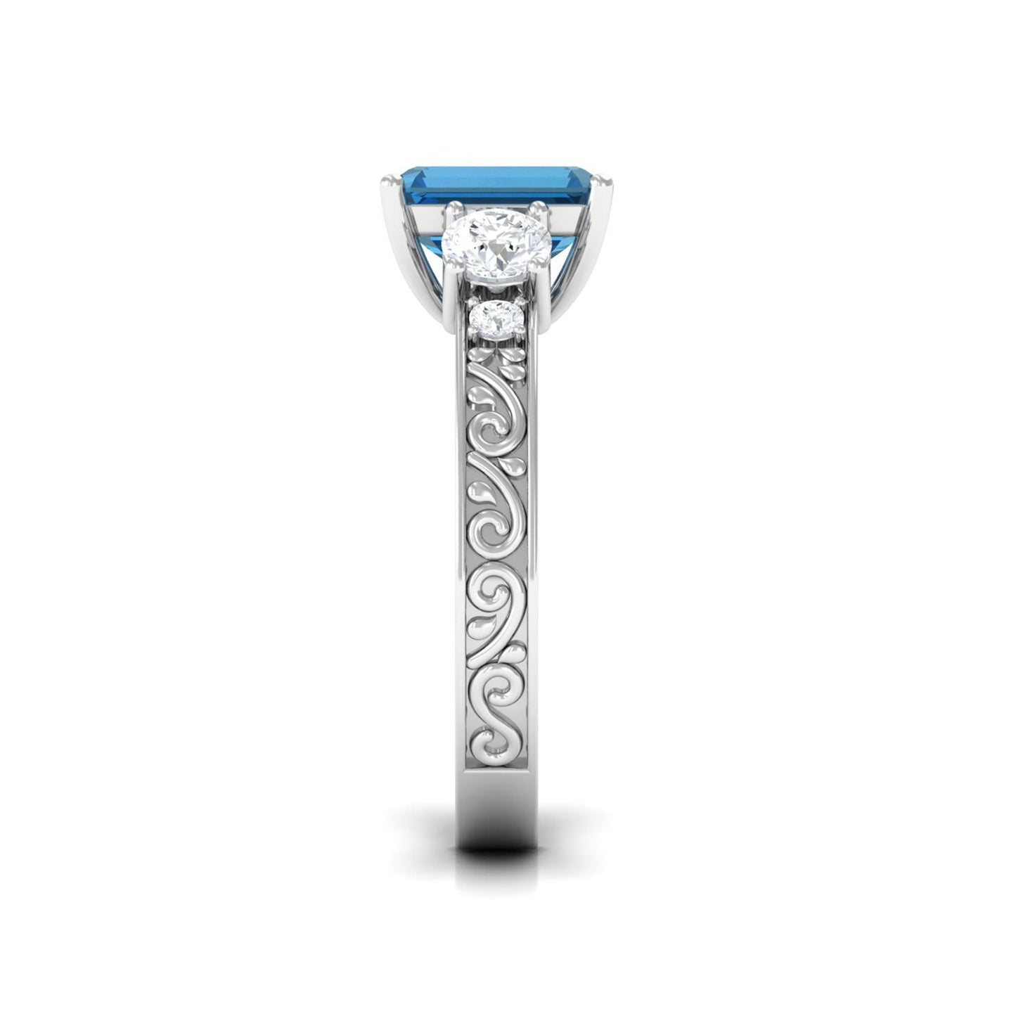 2.25 Carat Emerald Cut London Blue Topaz Statement Ring with Engraved Shank