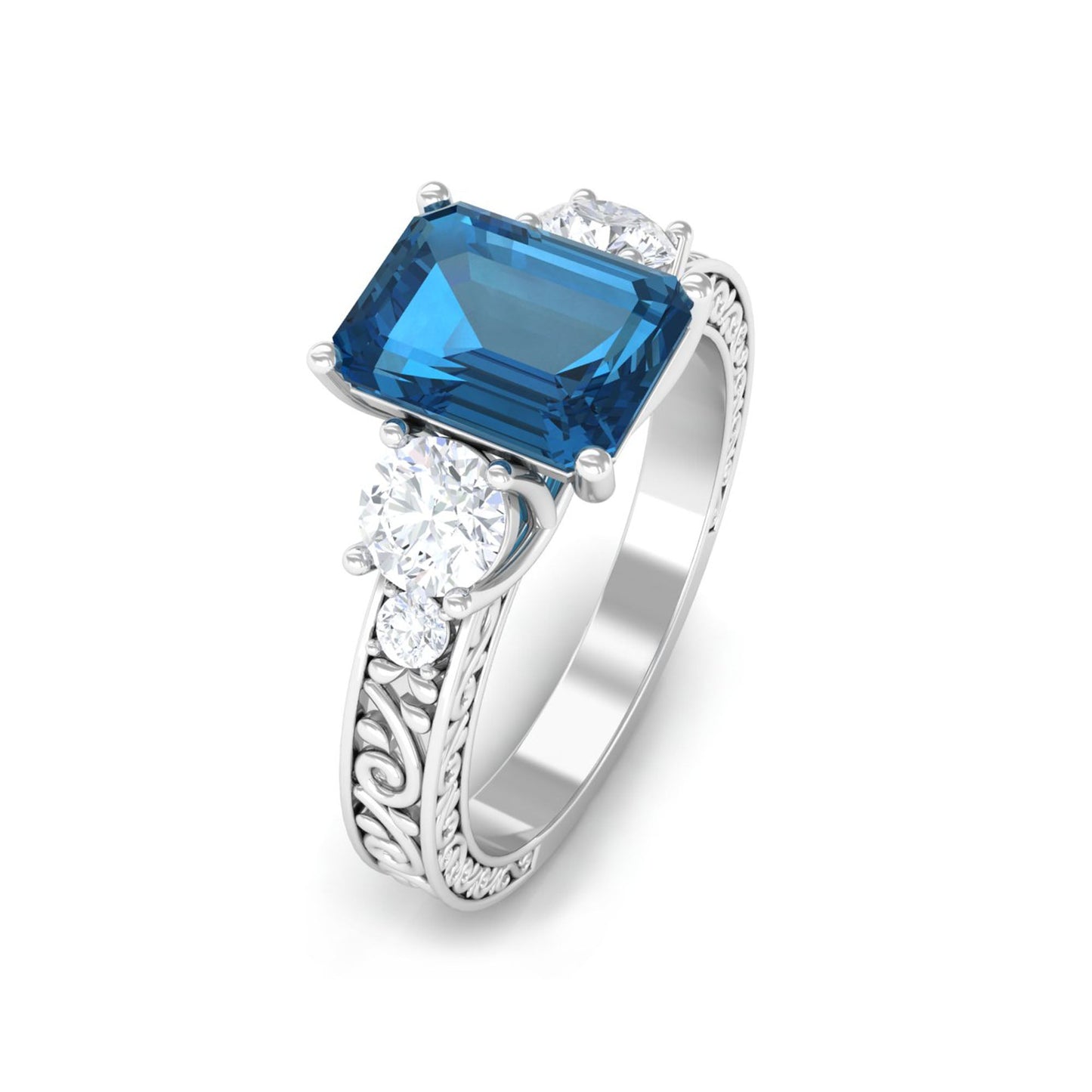 2.25 Carat Emerald Cut London Blue Topaz Statement Ring with Engraved Shank