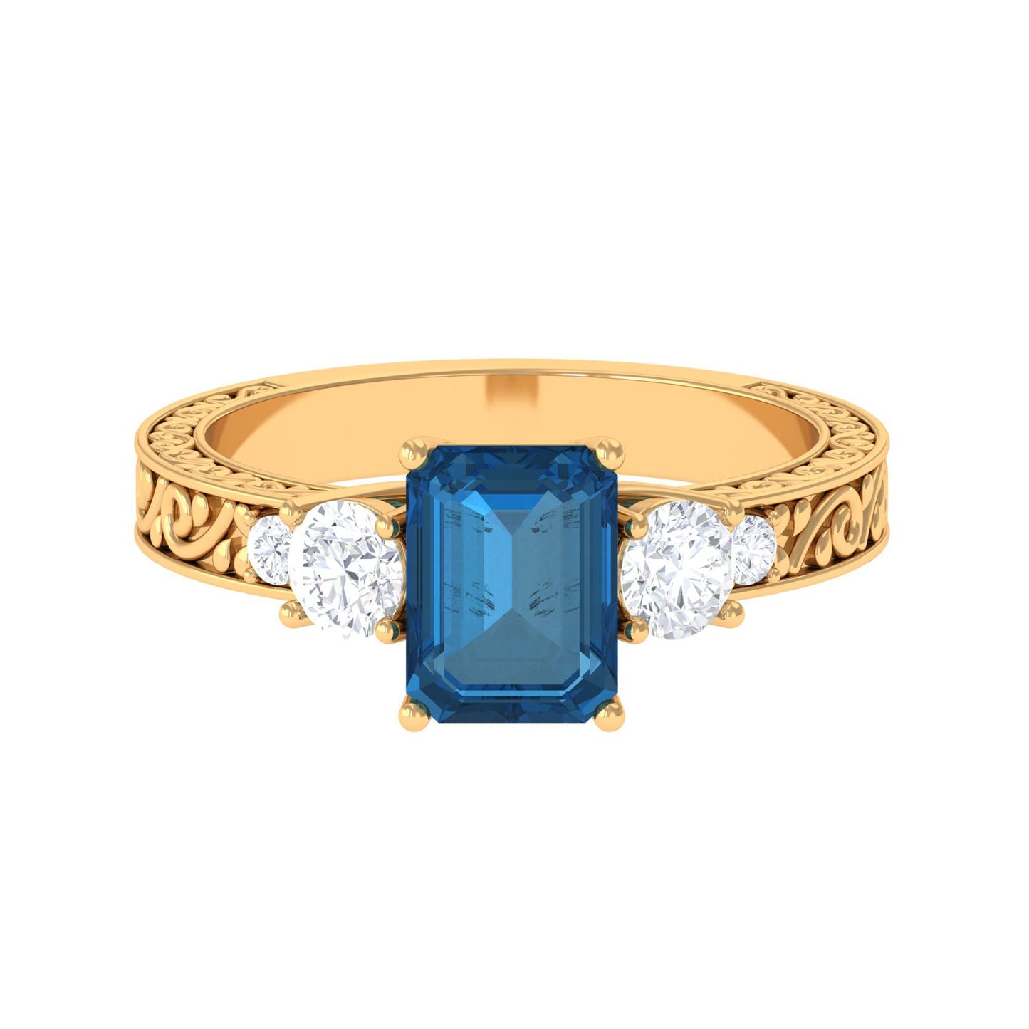 2.25 Carat Emerald Cut London Blue Topaz Statement Ring with Engraved Shank