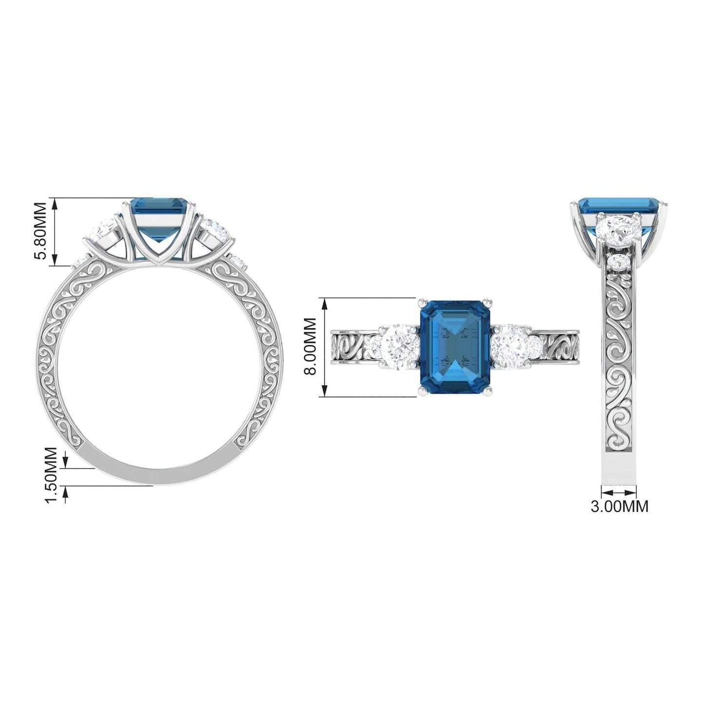 2.25 Carat Emerald Cut London Blue Topaz Statement Ring with Engraved Shank