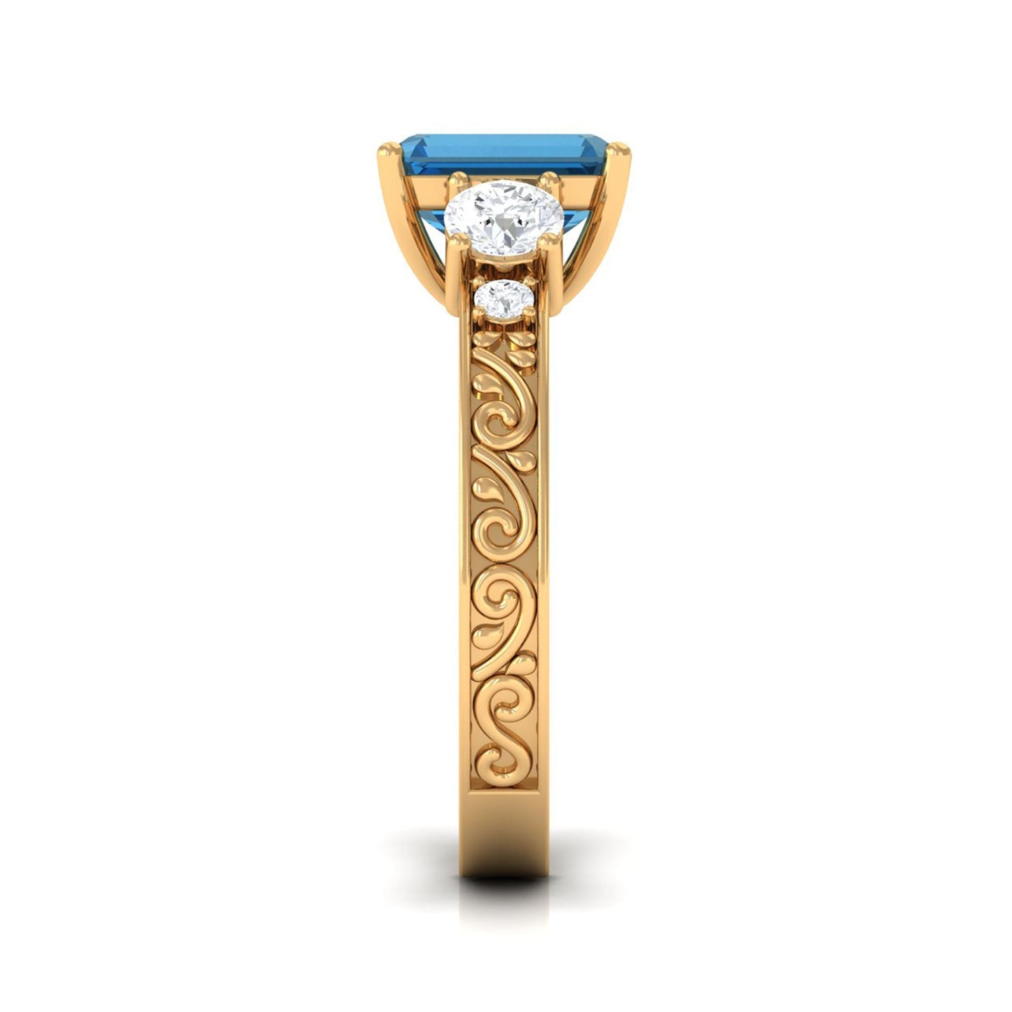 2.25 Carat Emerald Cut London Blue Topaz Statement Ring with Engraved Shank
