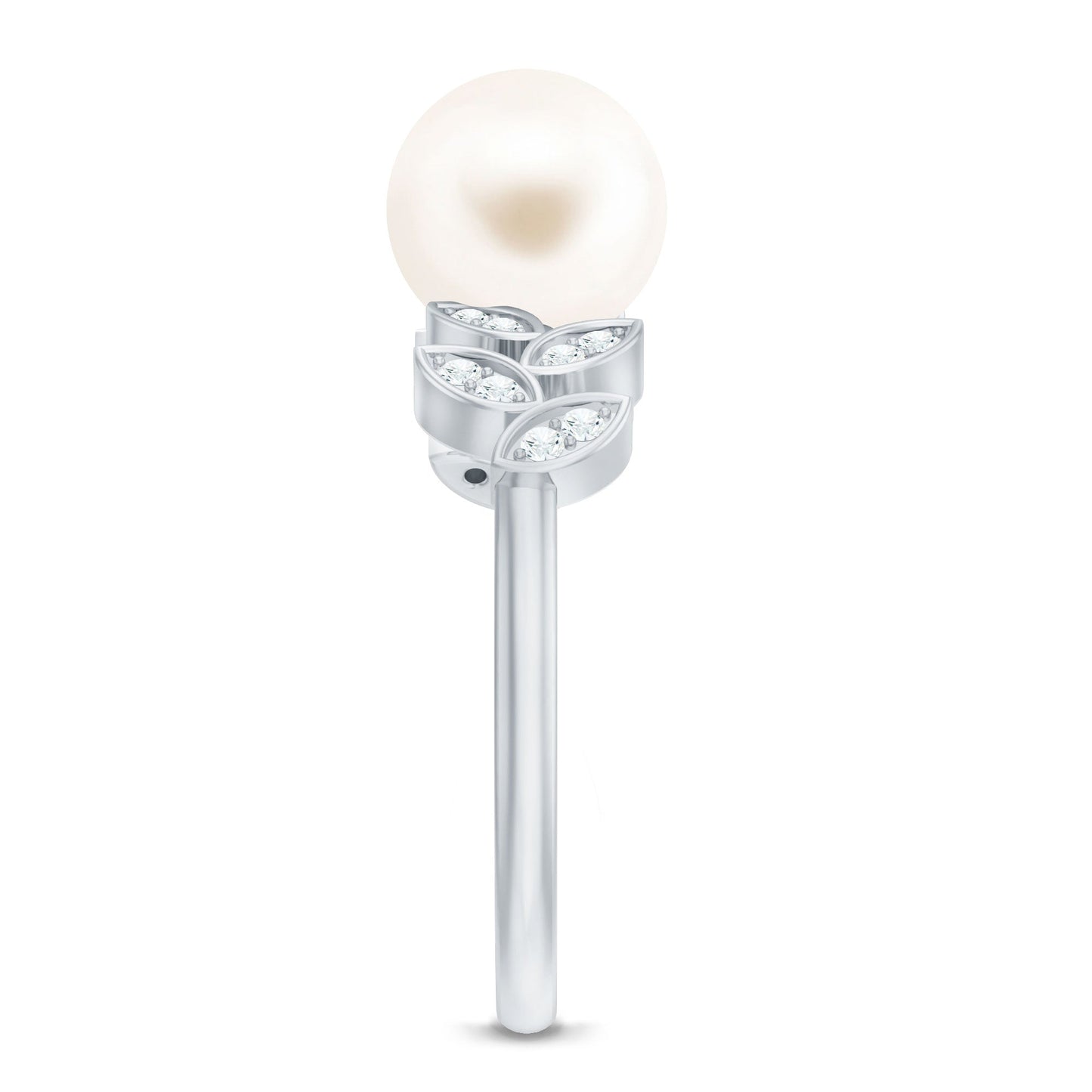 Freshwater Pearl Solitaire Engagement Ring with Diamond Leaf Shank
