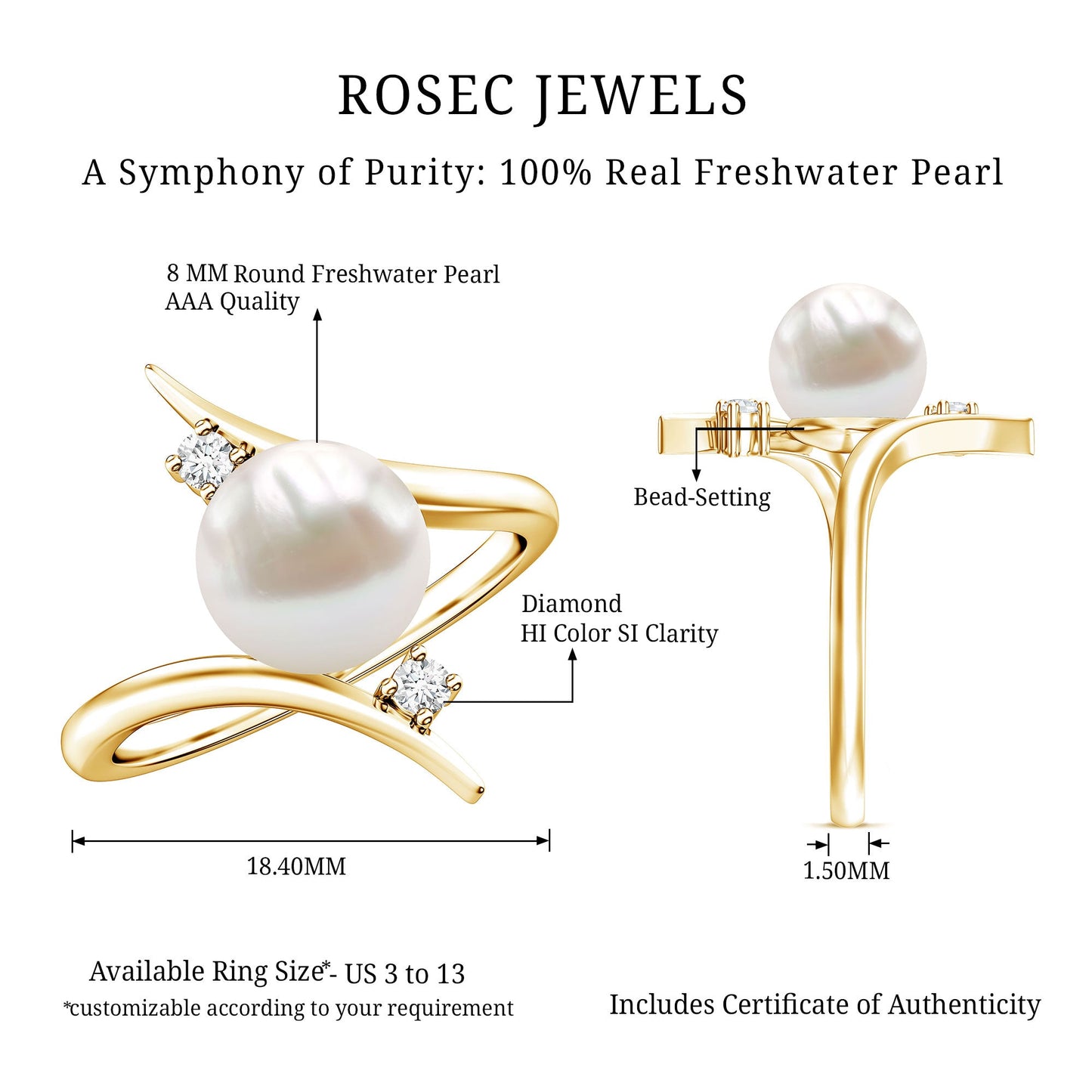 Cultured 7.4 Carat Freshwater Pearl Engagement Ring with Diamond Bypass Shank