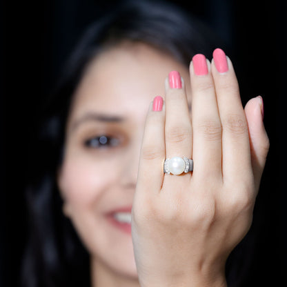 8 Carat Freshwater Pearl Statement Engagement Ring with Diamond