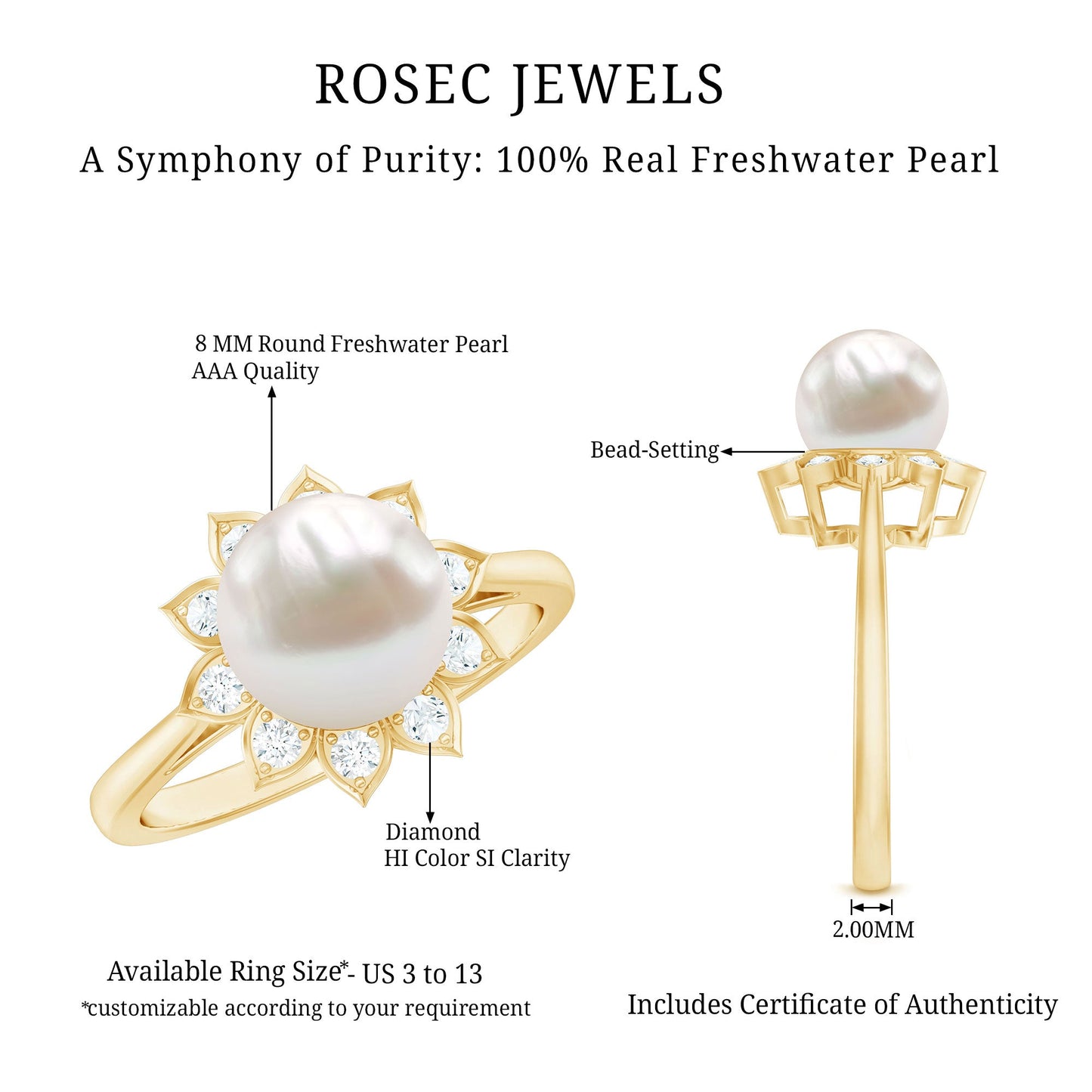 Natural 7.4 Carat Freshwater Pearl Flower Engagement Ring with Diamond