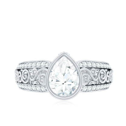 Bezel Set Moissanite Pear Engagement Ring with Filigree Details