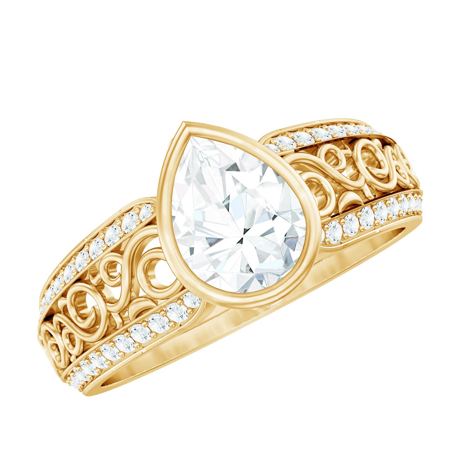 Bezel Set Moissanite Pear Engagement Ring with Filigree Details