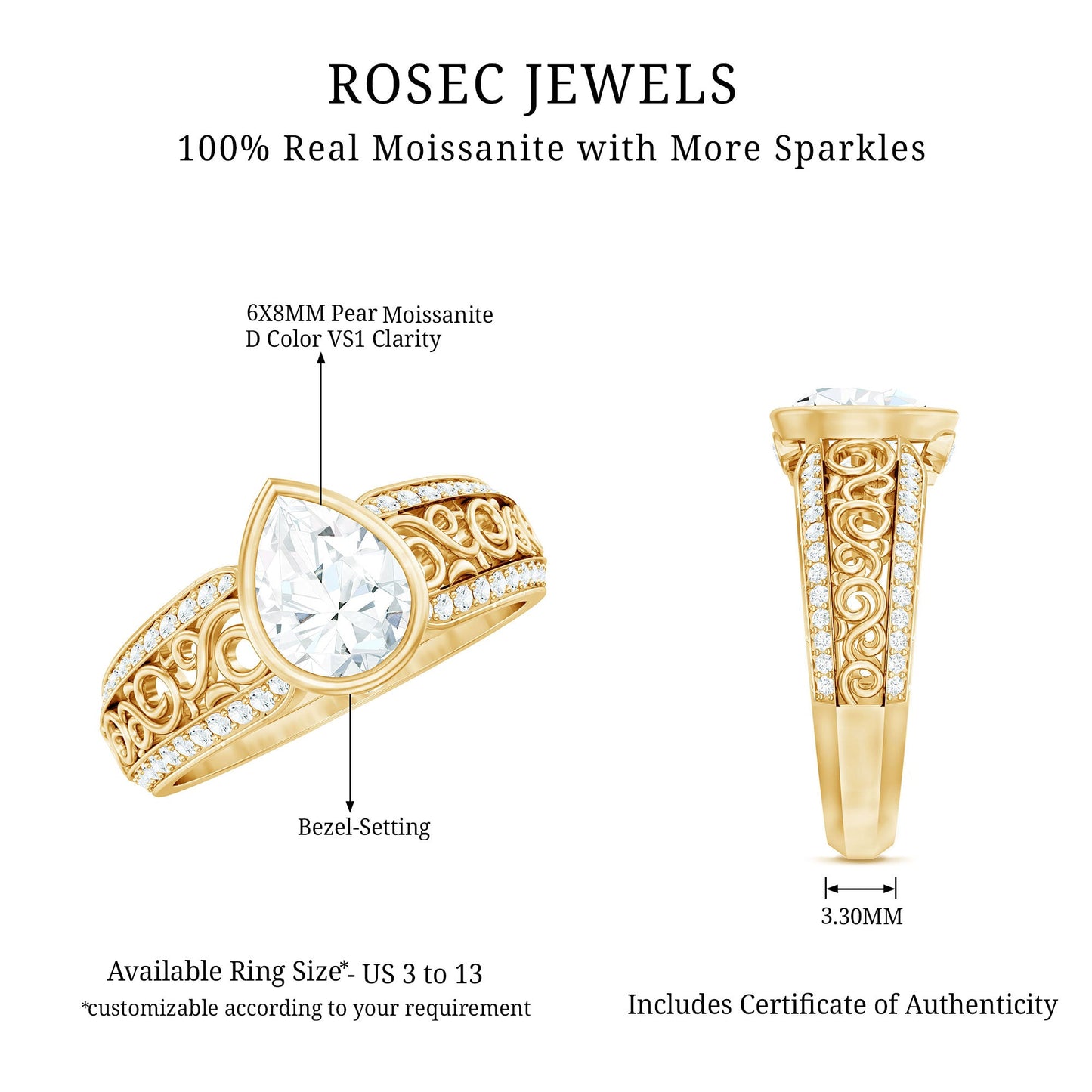 Bezel Set Moissanite Pear Engagement Ring with Filigree Details