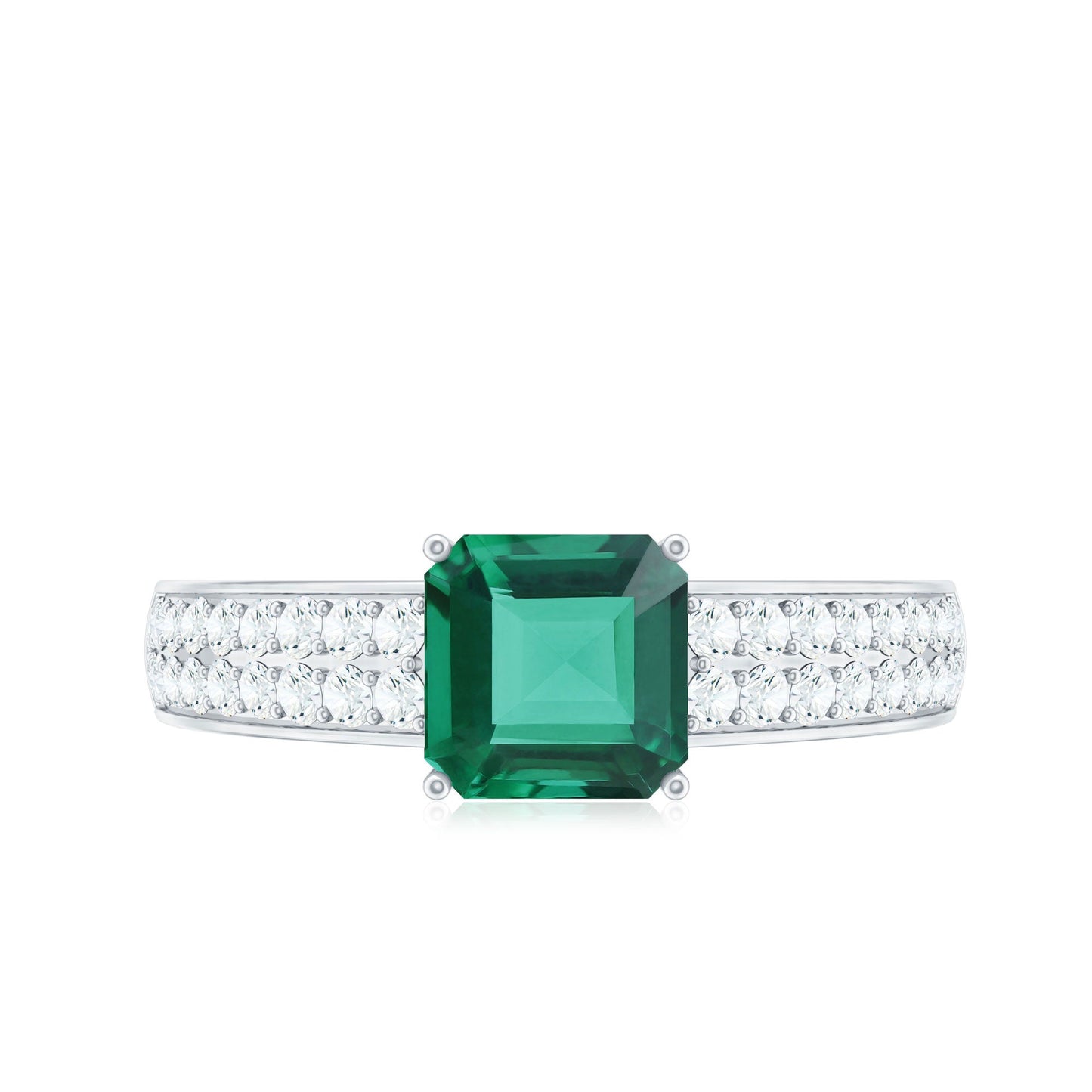 6 Carat Princess Cut Lab Created Emerald Engagement Ring with Diamond Side Stones