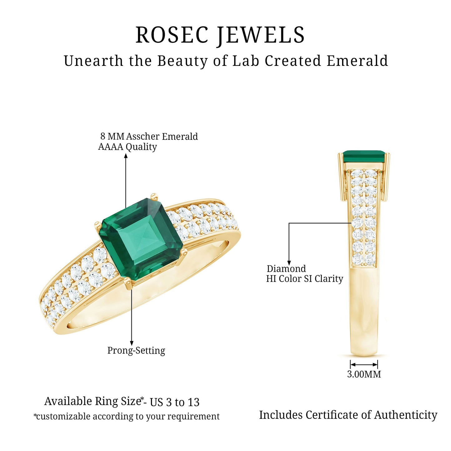 6 Carat Princess Cut Lab Created Emerald Engagement Ring with Diamond Side Stones