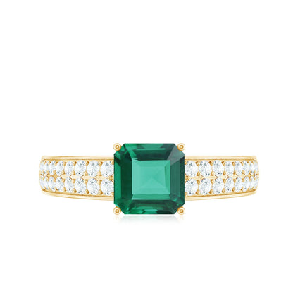 6 Carat Princess Cut Lab Created Emerald Engagement Ring with Diamond Side Stones