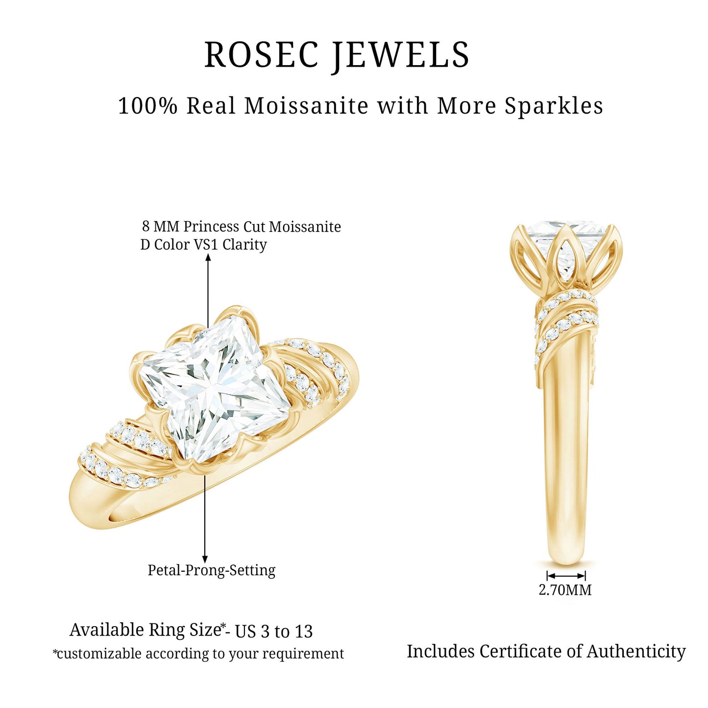 Certified Princess Cut Moissanite Designer Engagement Ring