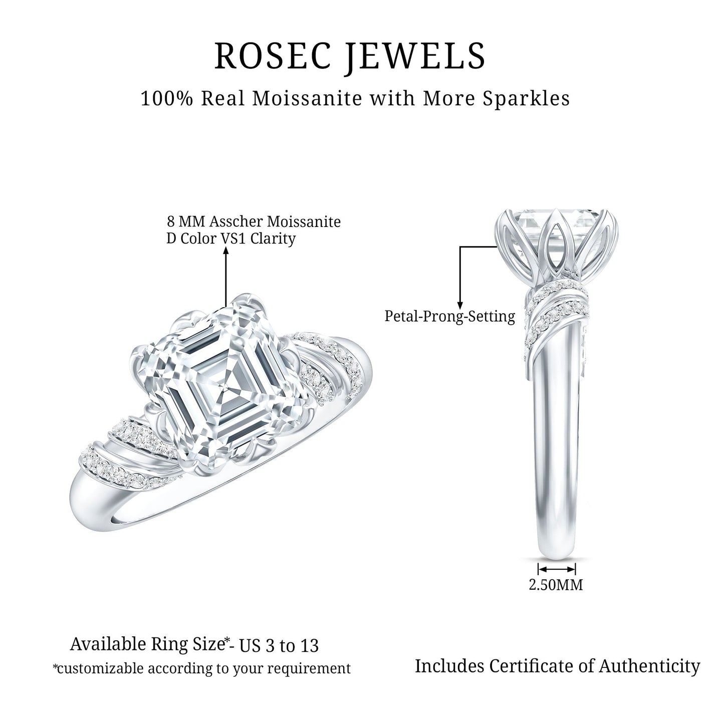 3 Carat Asscher Cut Moissanite Solitaire Engagement Ring in Petal Prong Setting