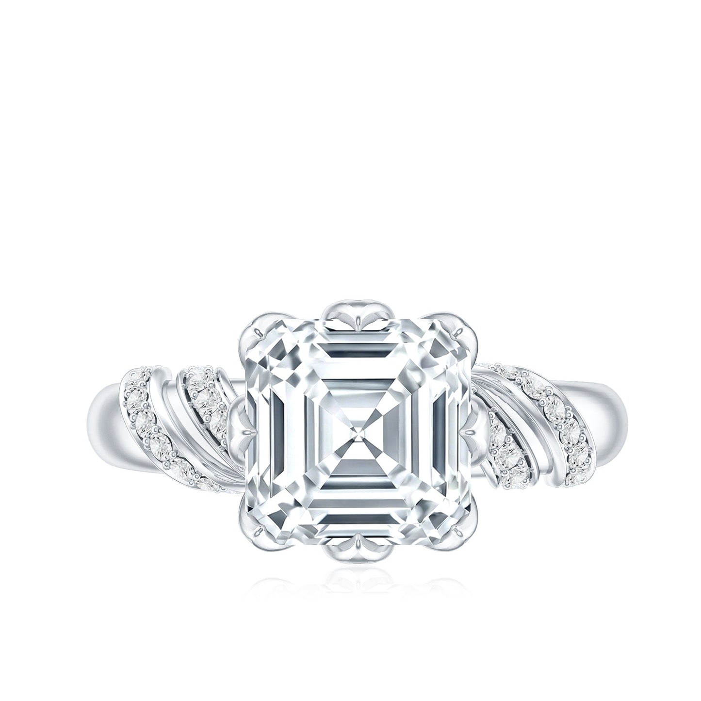3 Carat Asscher Cut Moissanite Solitaire Engagement Ring in Petal Prong Setting
