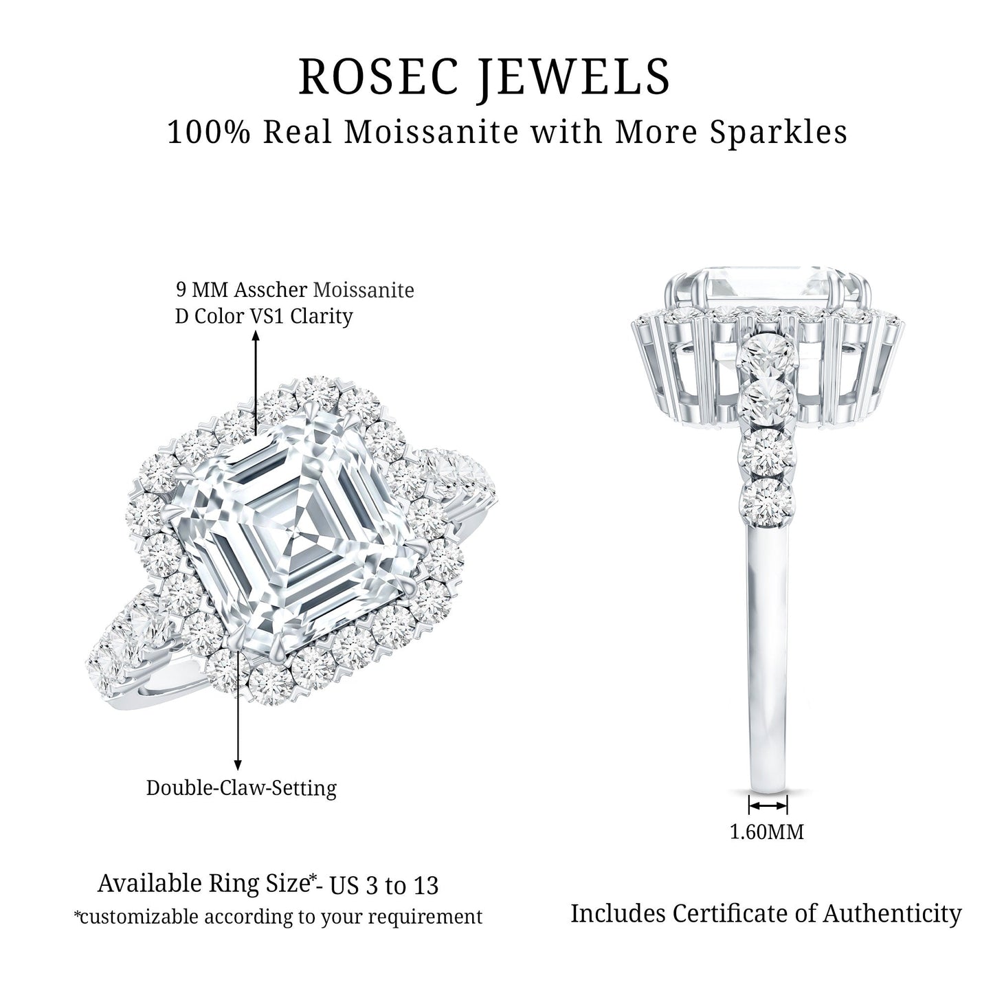 2.5 Carat Certified Asscher Cut Moissanite Halo Engagement Ring