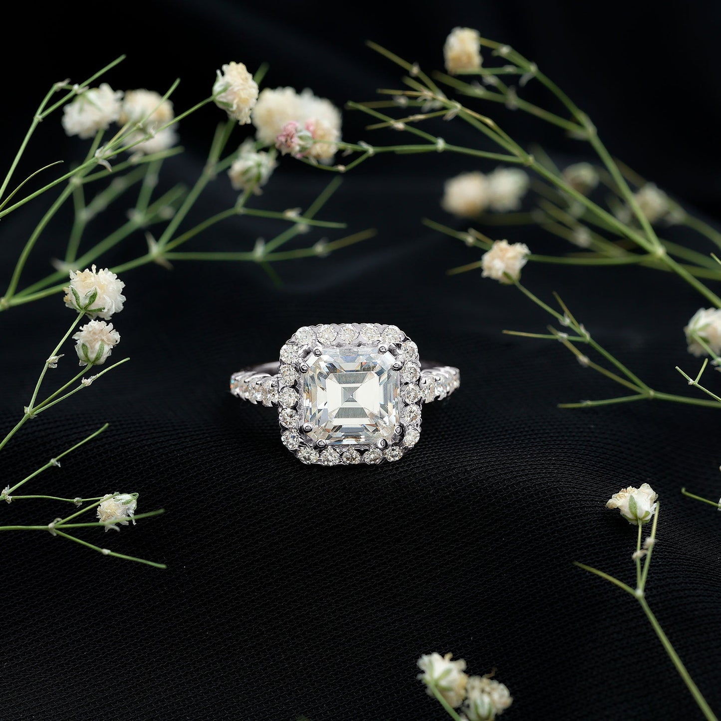 2.5 Carat Certified Asscher Cut Moissanite Halo Engagement Ring