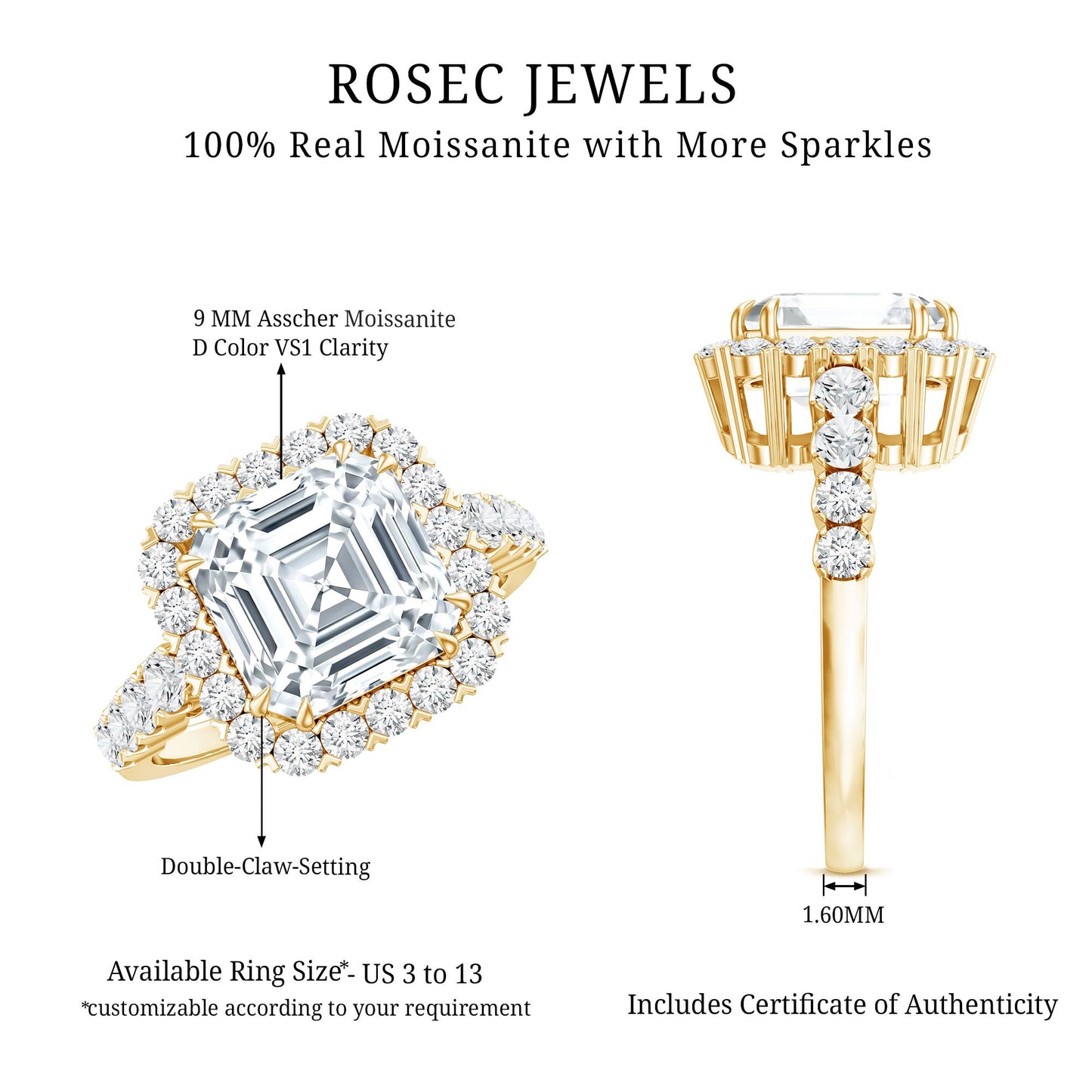 2.5 Carat Certified Asscher Cut Moissanite Halo Engagement Ring