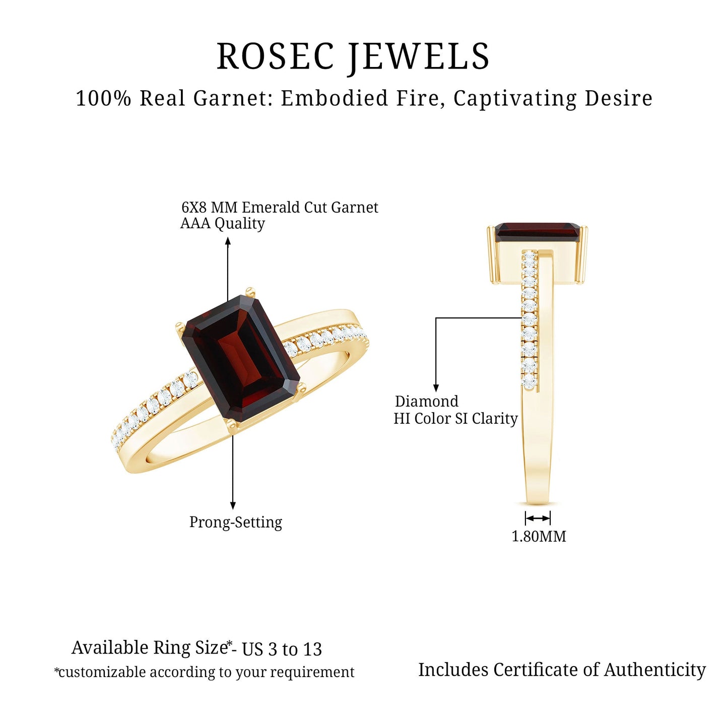 2 Carat Natural Garnet Emerald Cut Engagement Ring with Diamond