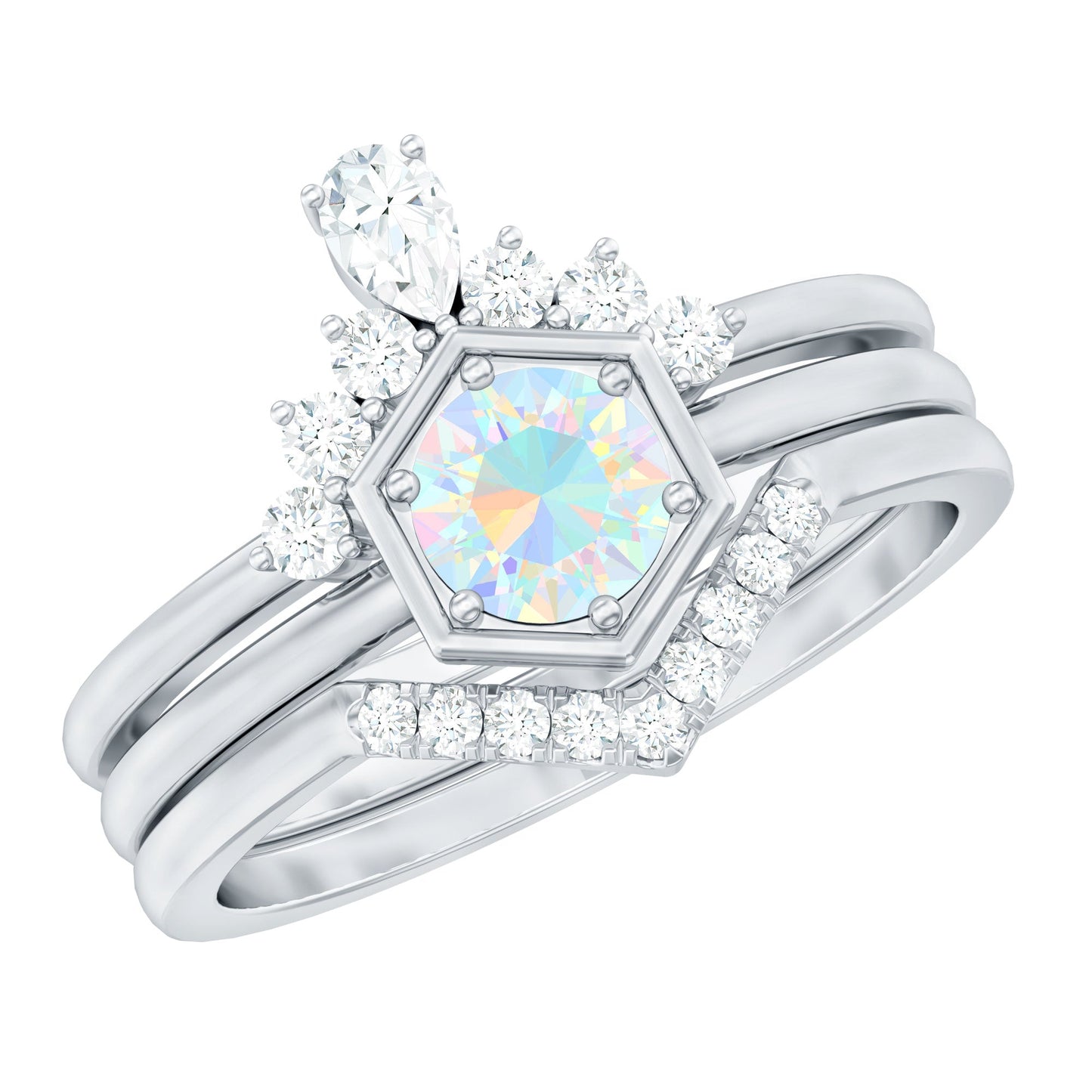 Vintage Inspired 0.5 Carat Opalescent Diamond Wedding Engagement Ring Set of 3