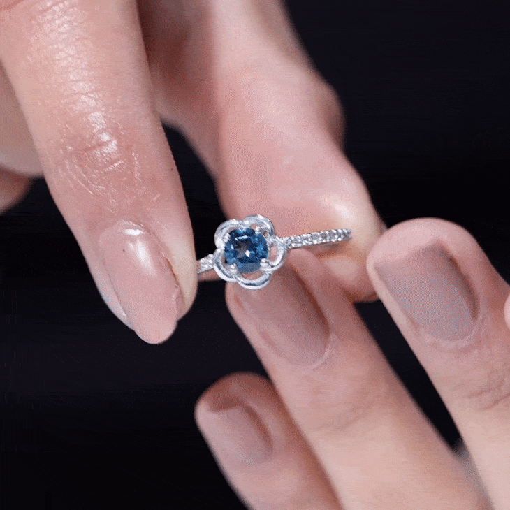 0.6 Carat Round London Blue Topaz Flower Promise Ring with Diamond