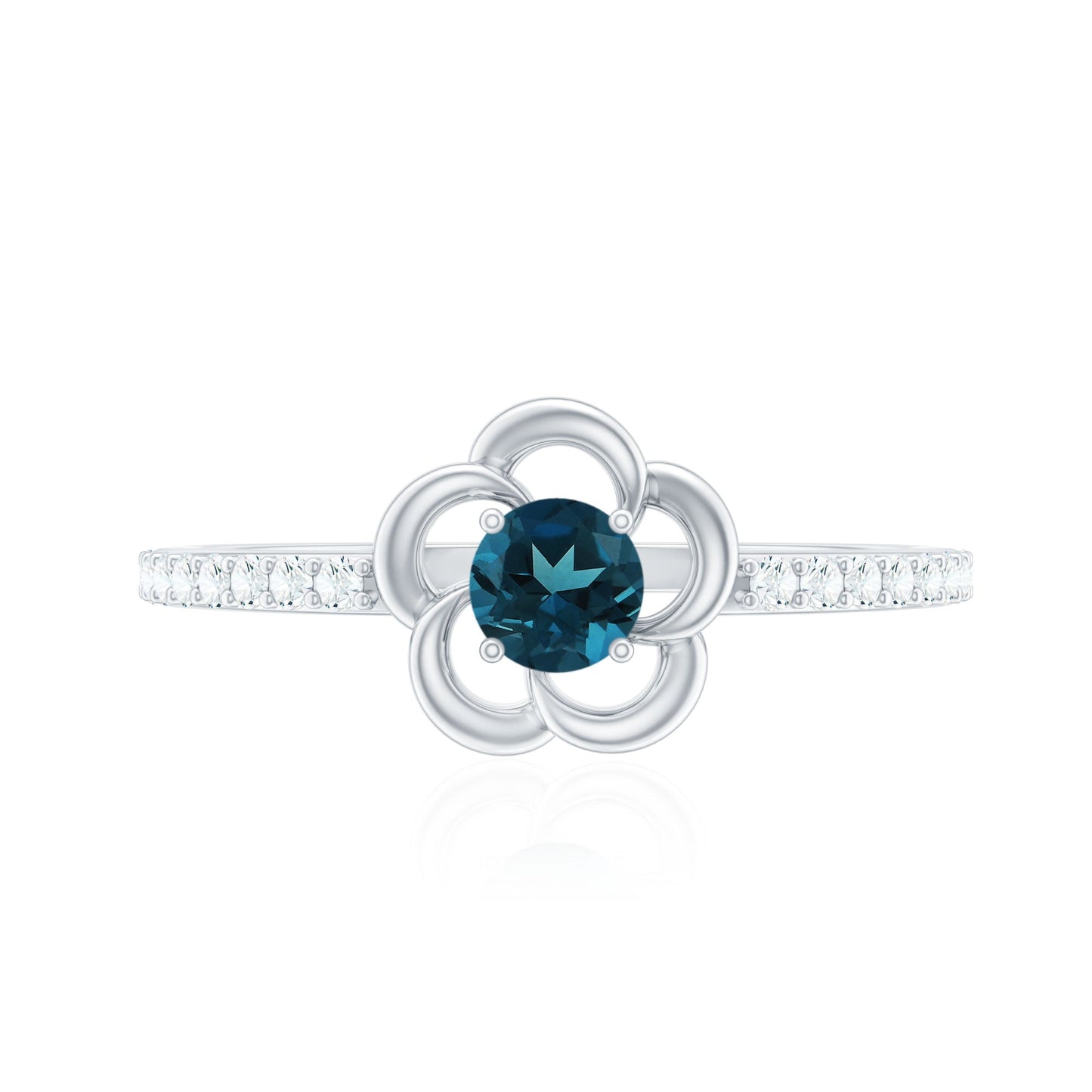 0.6 Carat Round London Blue Topaz Flower Promise Ring with Diamond