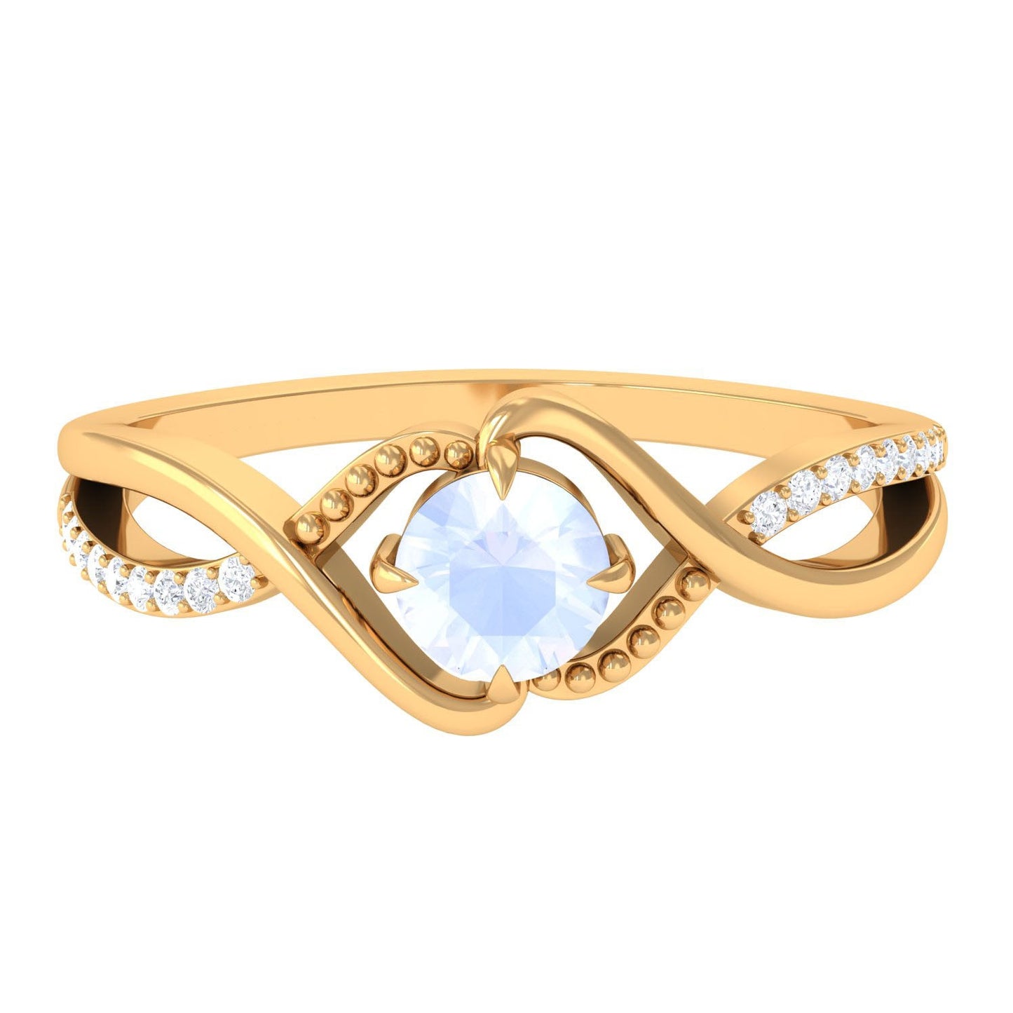 Certified Round Cut Moonstone Solitaire Crossover Ring with Diamond