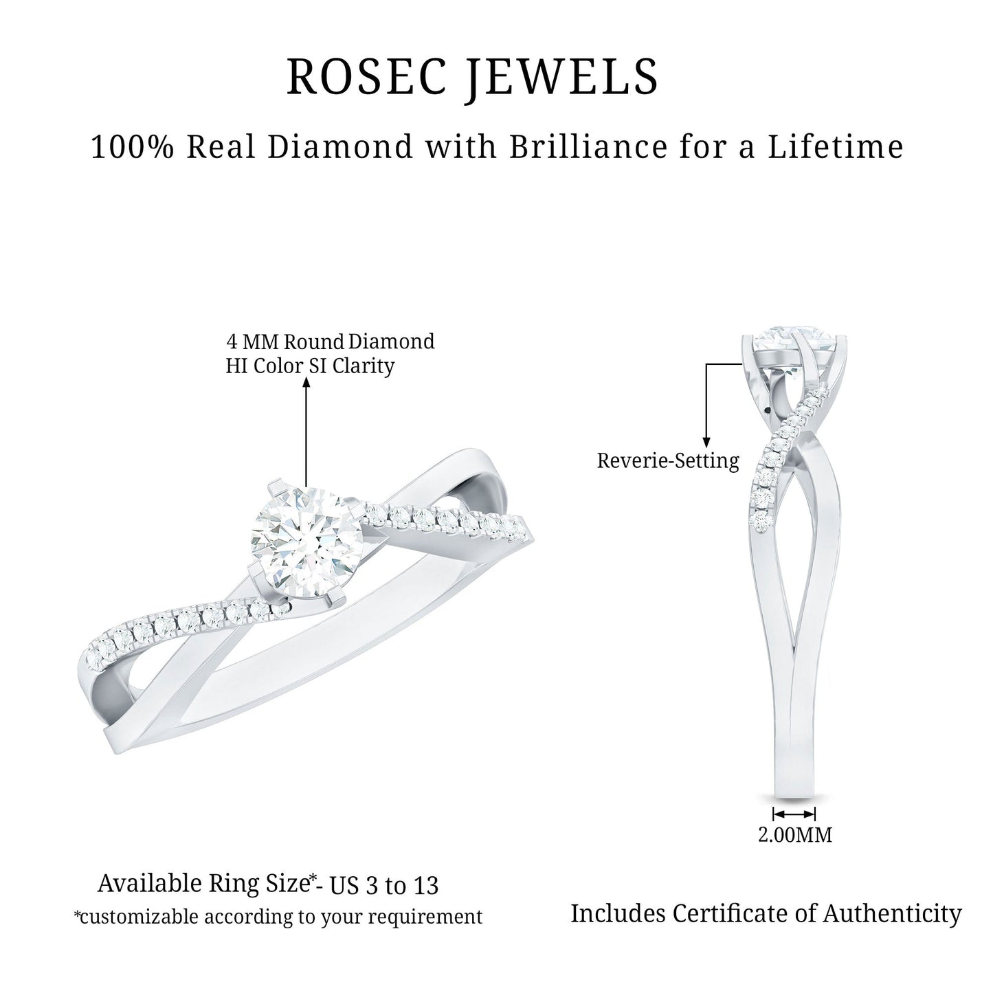 Minimal Diamond Engagement Ring with Crossover Shank
