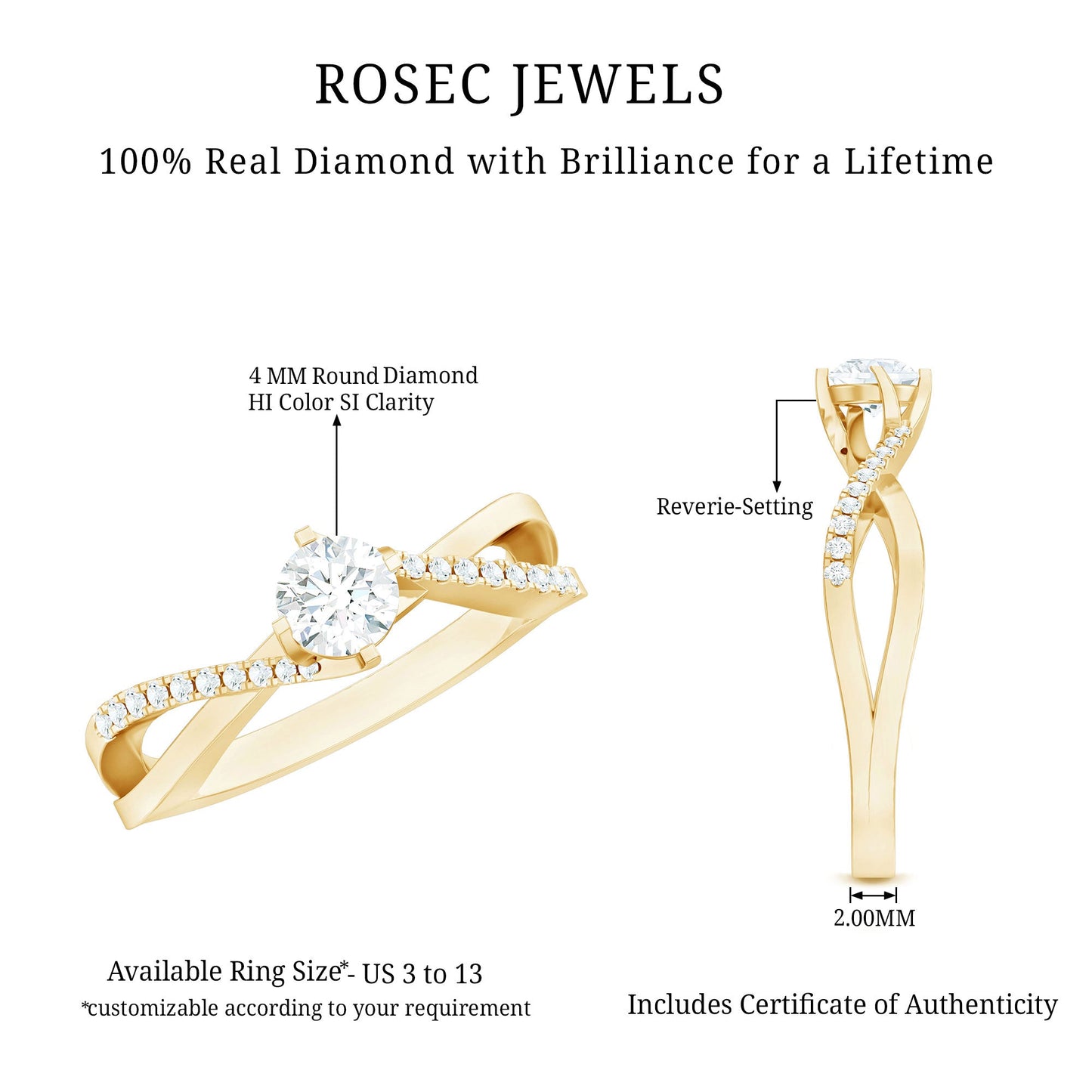 Minimal Diamond Engagement Ring with Crossover Shank