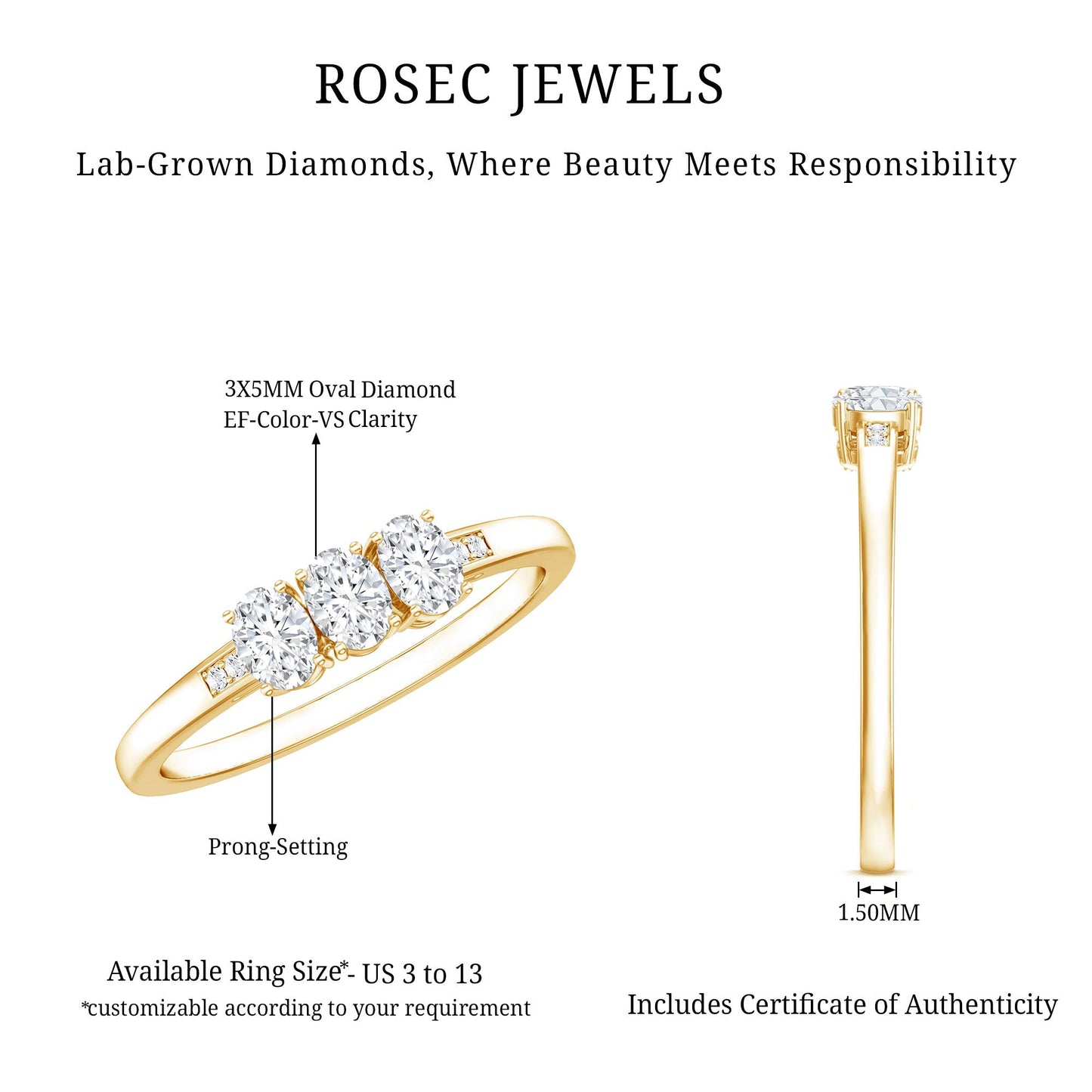 Lab Grown Oval Diamond 3 Stone Engagement Ring