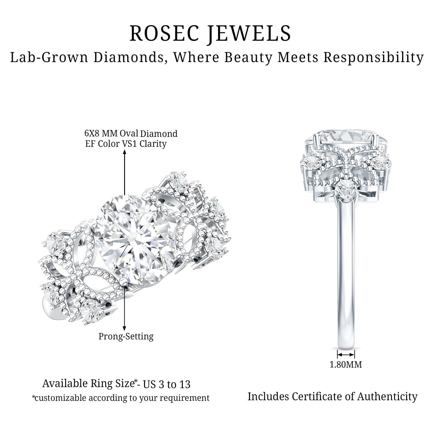 1.2 Carat Oval Lab Grown Diamond Flower Engagement Ring