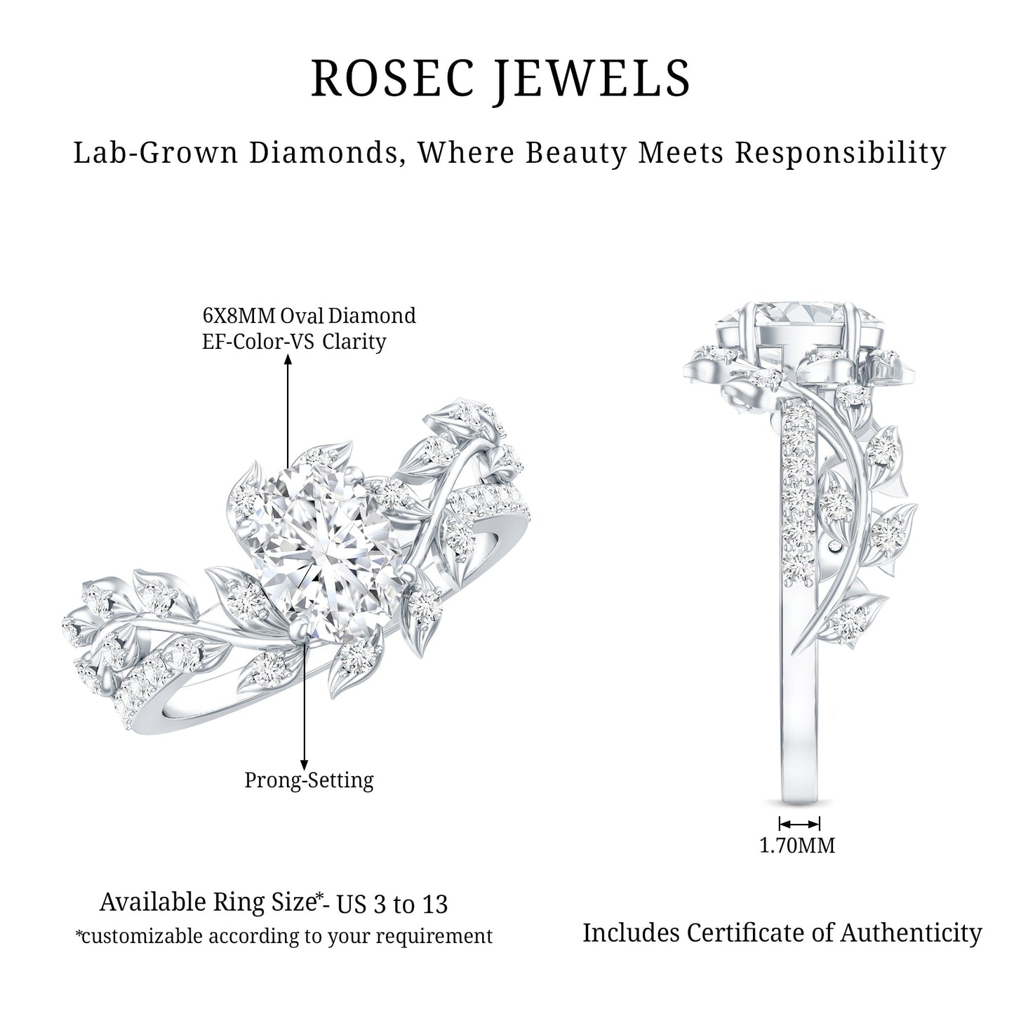 1.2 Carat Oval Lab Grown Diamond Petal Prong Engagement Ring