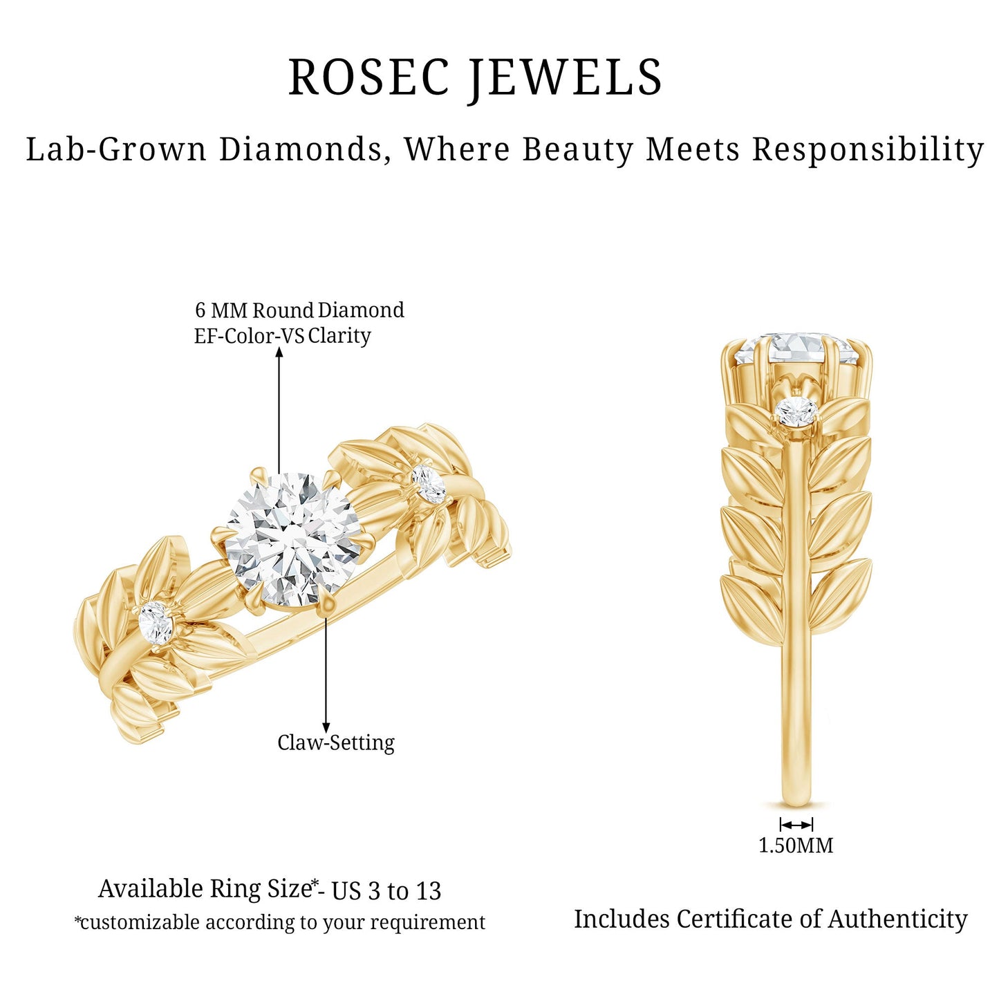 0.9 Carat Lab Grown Diamond Nature Inspired Engagement Ring