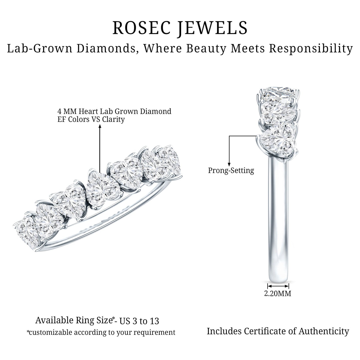 Certified Lab Heart Shaped Diamond Half Eternity Ring