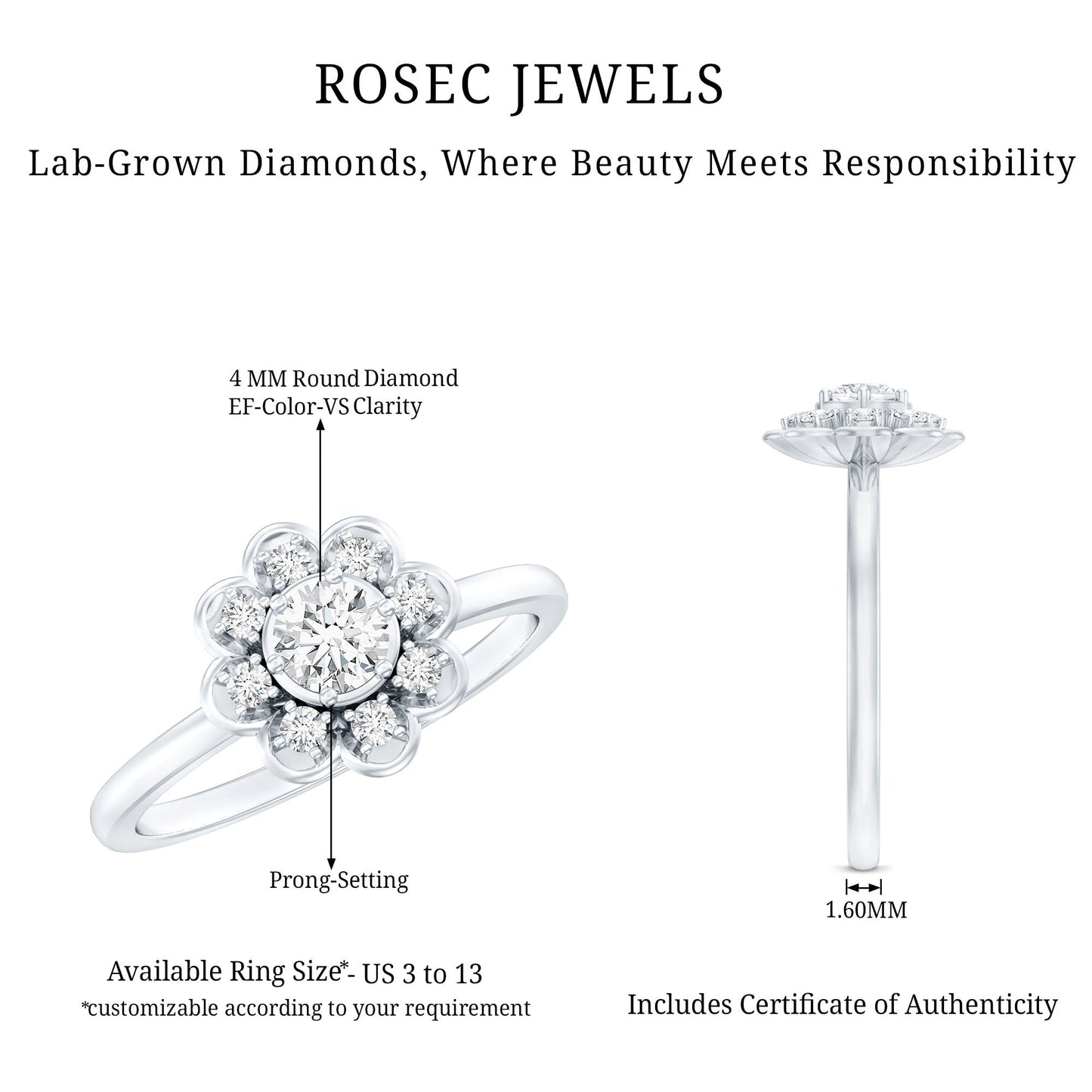 Certified Lab Grown Diamond Flower Promise Ring For Women