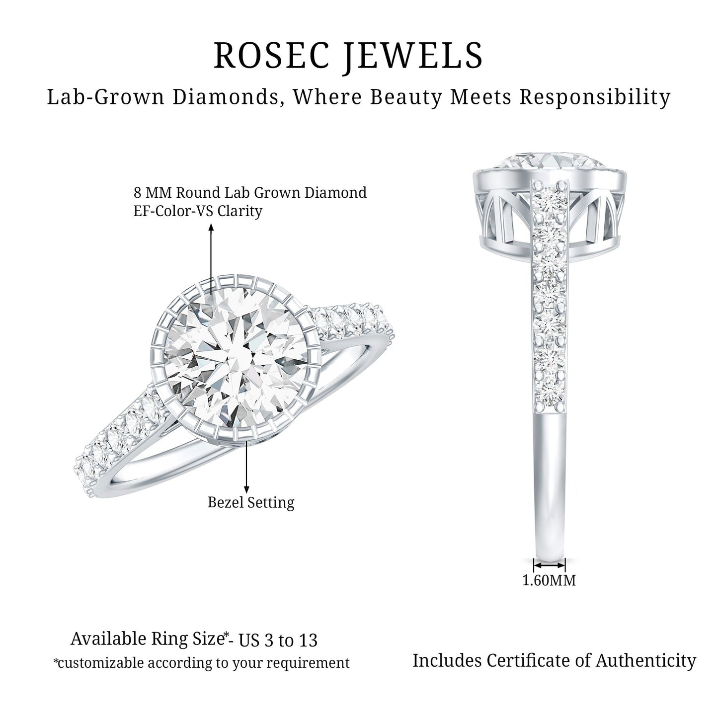 Certified Bezel Set Lab Grown Diamond Engagement Ring With Side Stones