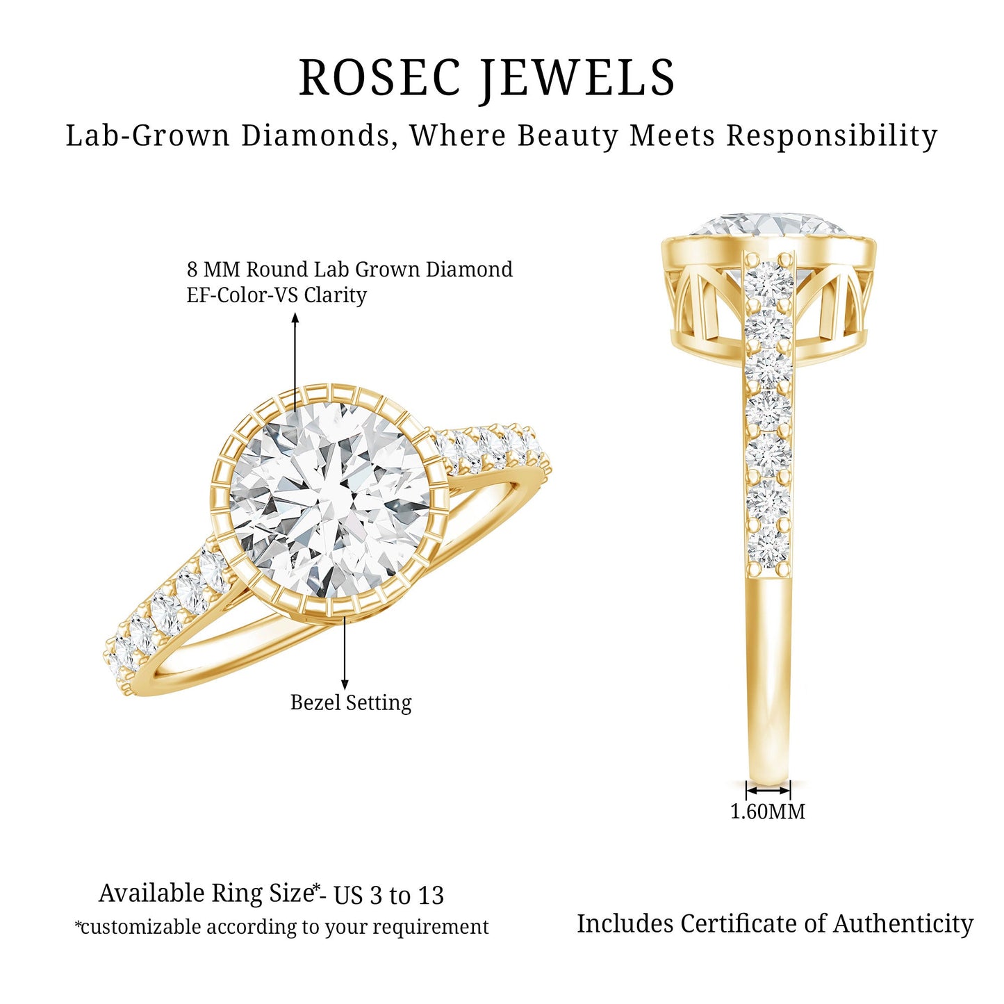 Certified Bezel Set Lab Grown Diamond Engagement Ring With Side Stones