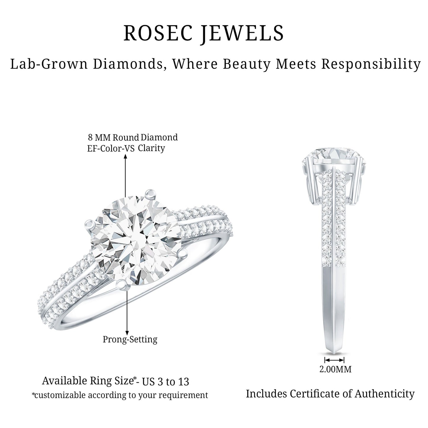 Certified Lab Grown Diamond 2 Carat Simple Engagement Ring With Side Stones