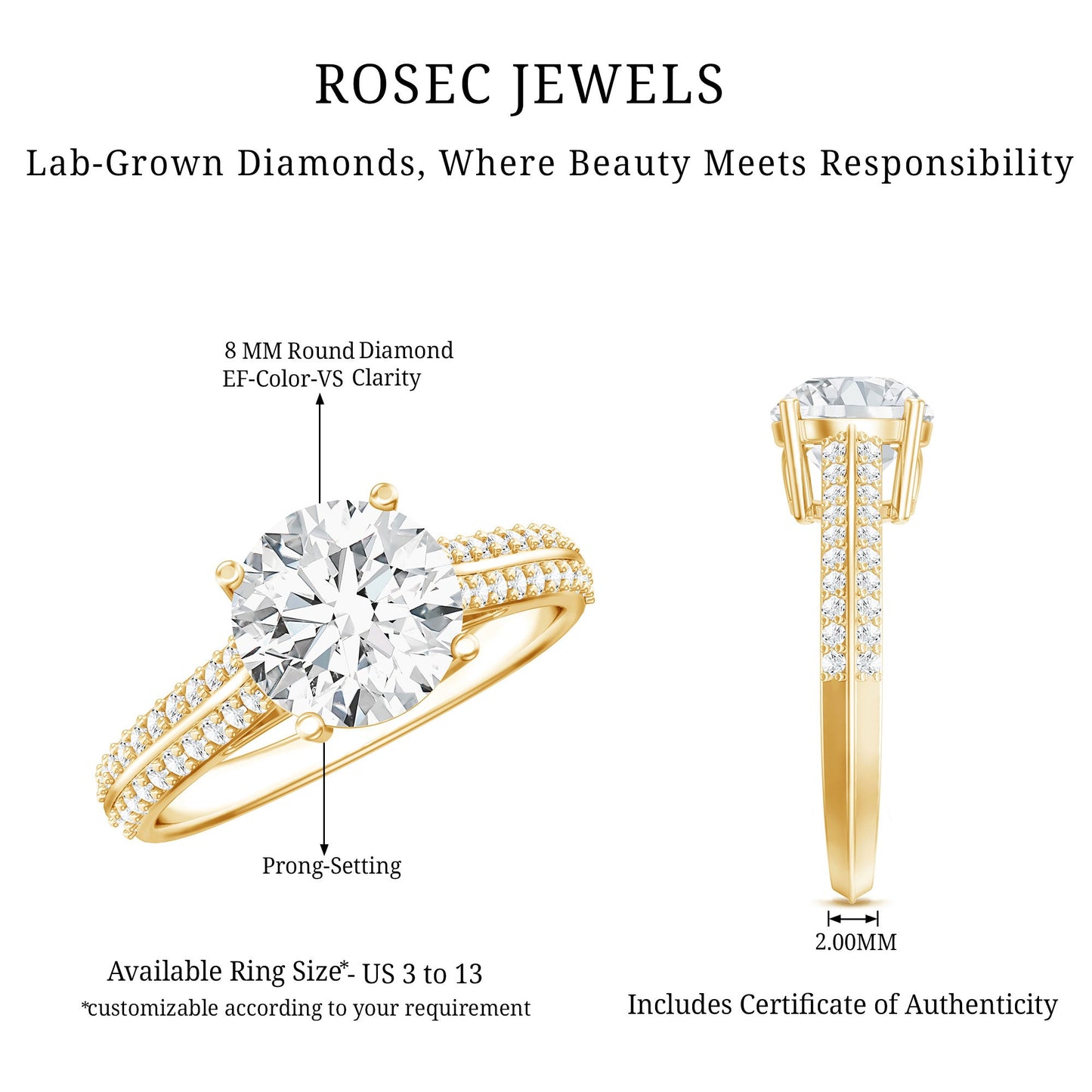 Certified Lab Grown Diamond 2 Carat Simple Engagement Ring With Side Stones
