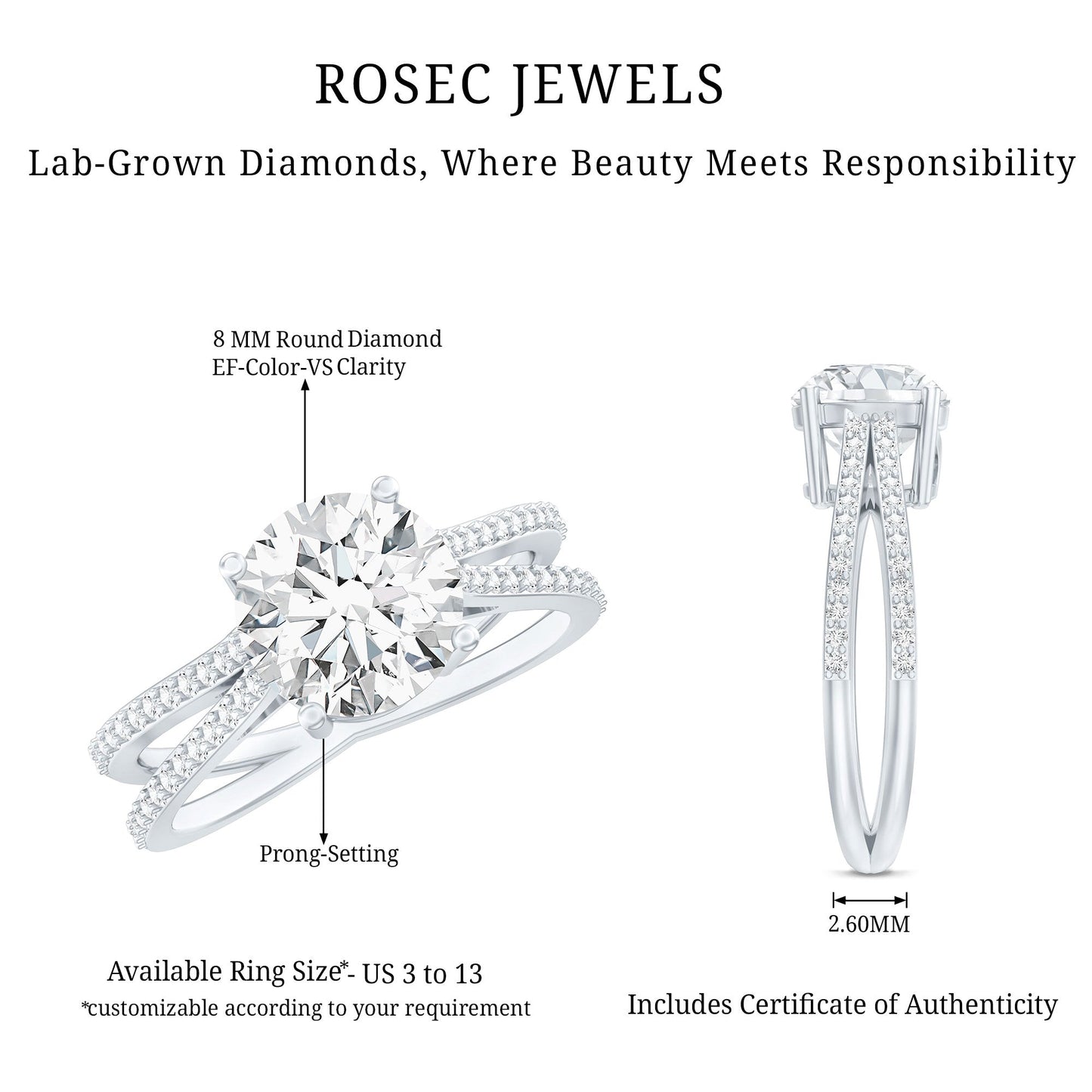 Certified 2 Carat Lab Grown Diamond Split Shank Engagement Ring